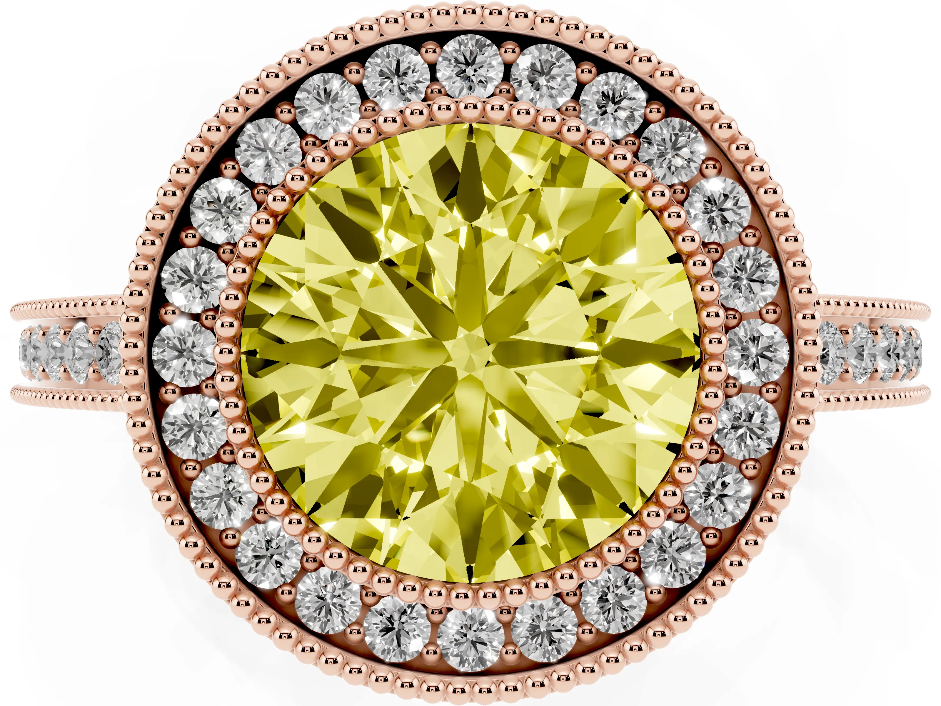 Fancy Yellow Round Cut Diamond Halo Ring Set in Rose gold with Pavé Band and Milgrain-Edged Prongs