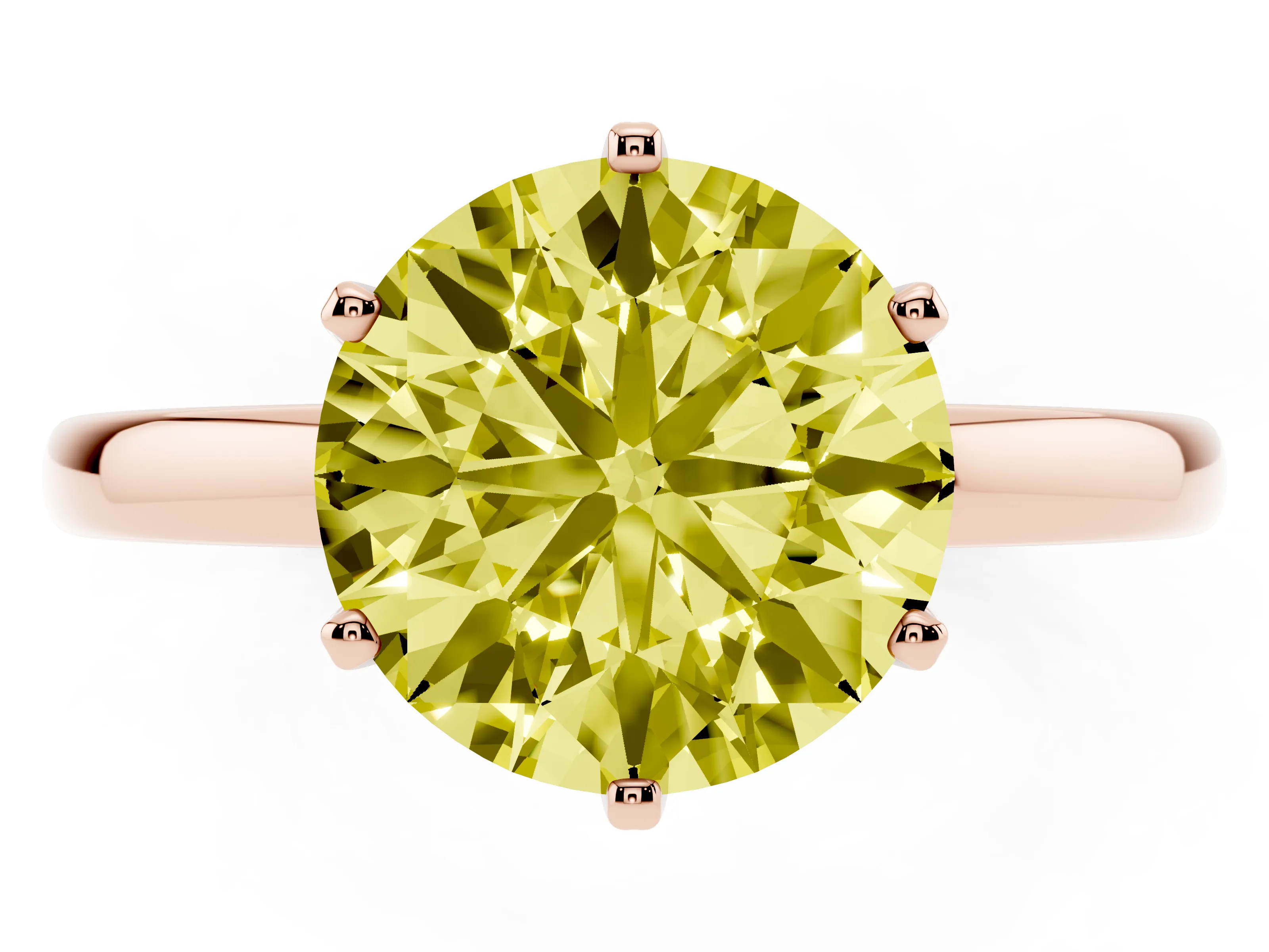 Fancy Yellow Round Cut Diamond Solitaire Ring Set in Rose gold with Raised Prong Setting on a Classic Band