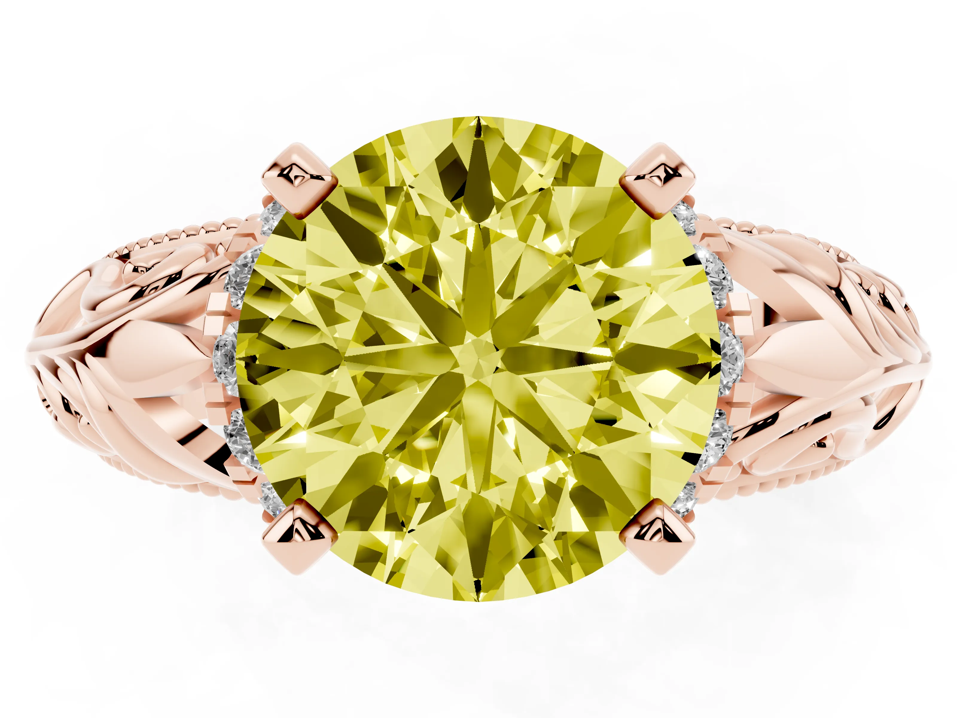 Fancy Yellow Round Cut Diamond Filigree Halo Engagement Ring Set in Rose gold with Prong Setting
