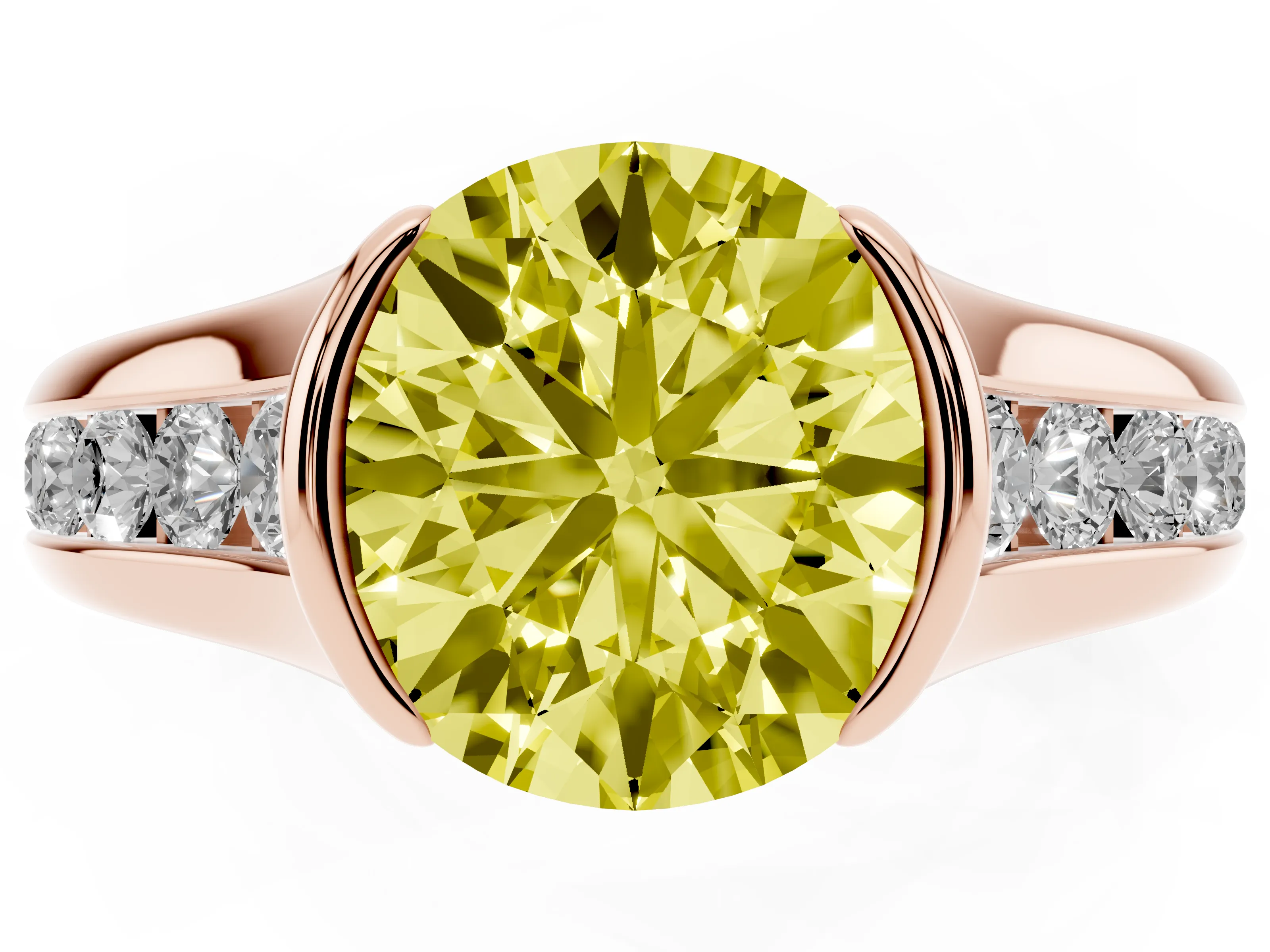 Fancy Yellow Round Cut Diamond Bezel-Set Solitaire Ring Set in Rose gold with Channel-Set Band