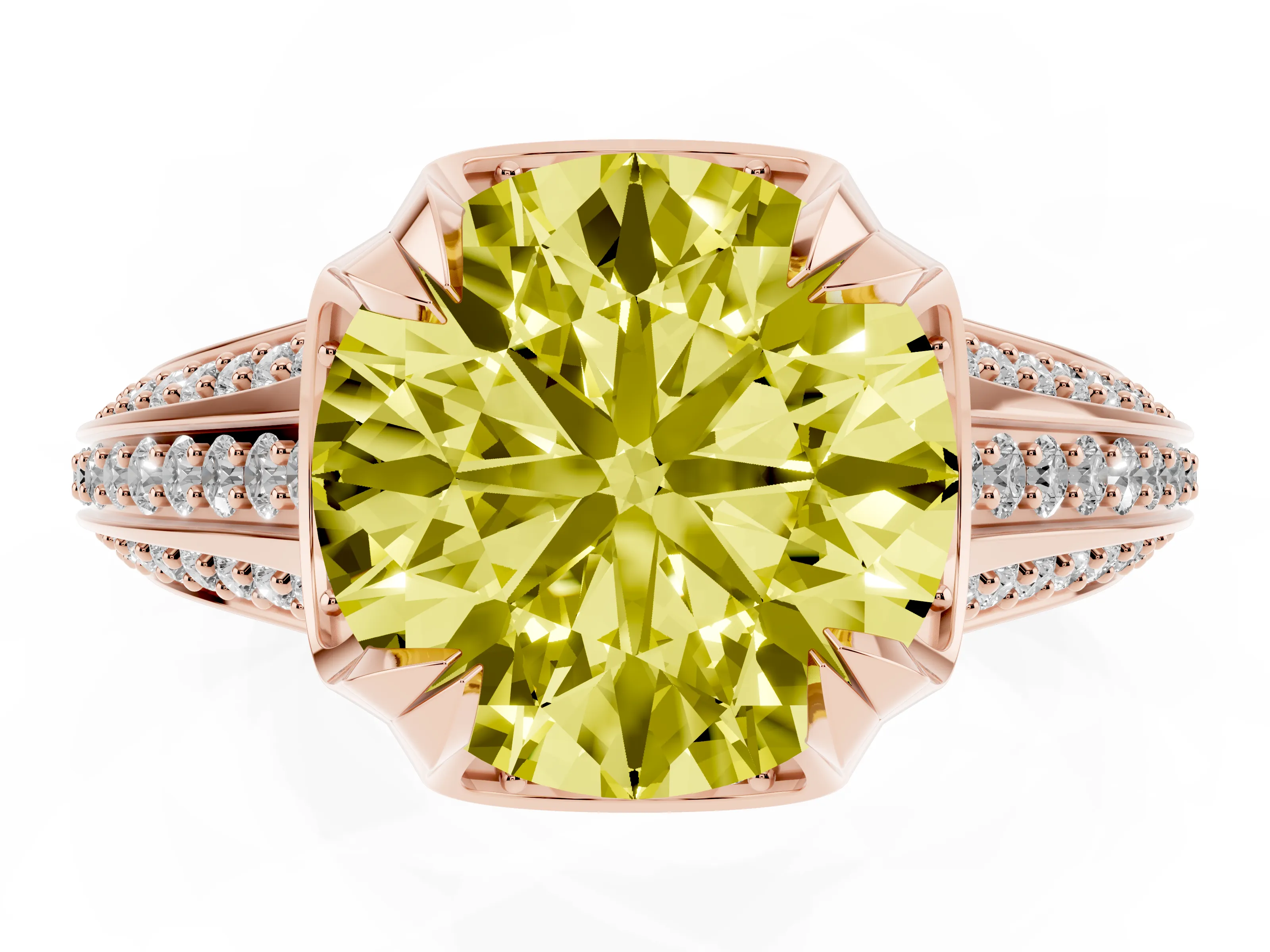 Fancy Yellow Round Cut Diamond Pavé Split Shank Solitaire Ring Set in Rose gold with Prong Setting