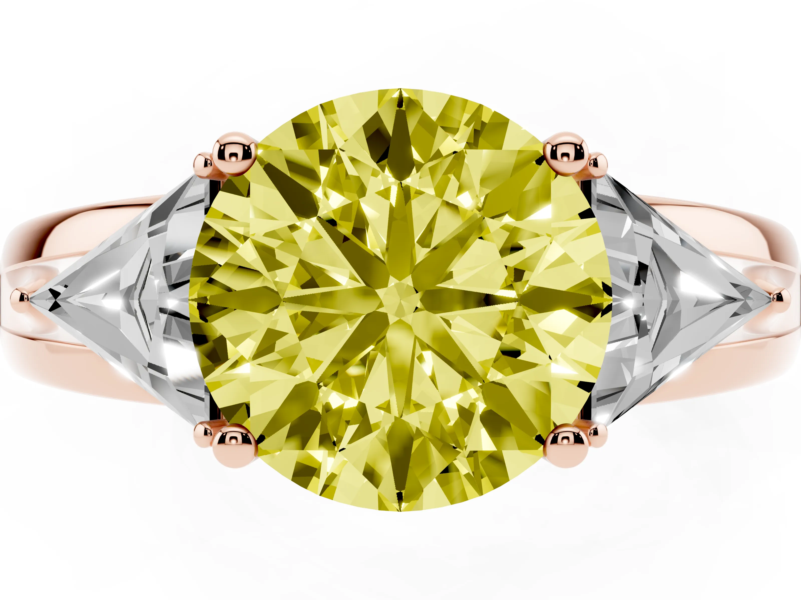 Fancy Yellow Round Cut Diamond Three-Stone Ring Set in Rose gold with Trillion Side Stones and Split Shank