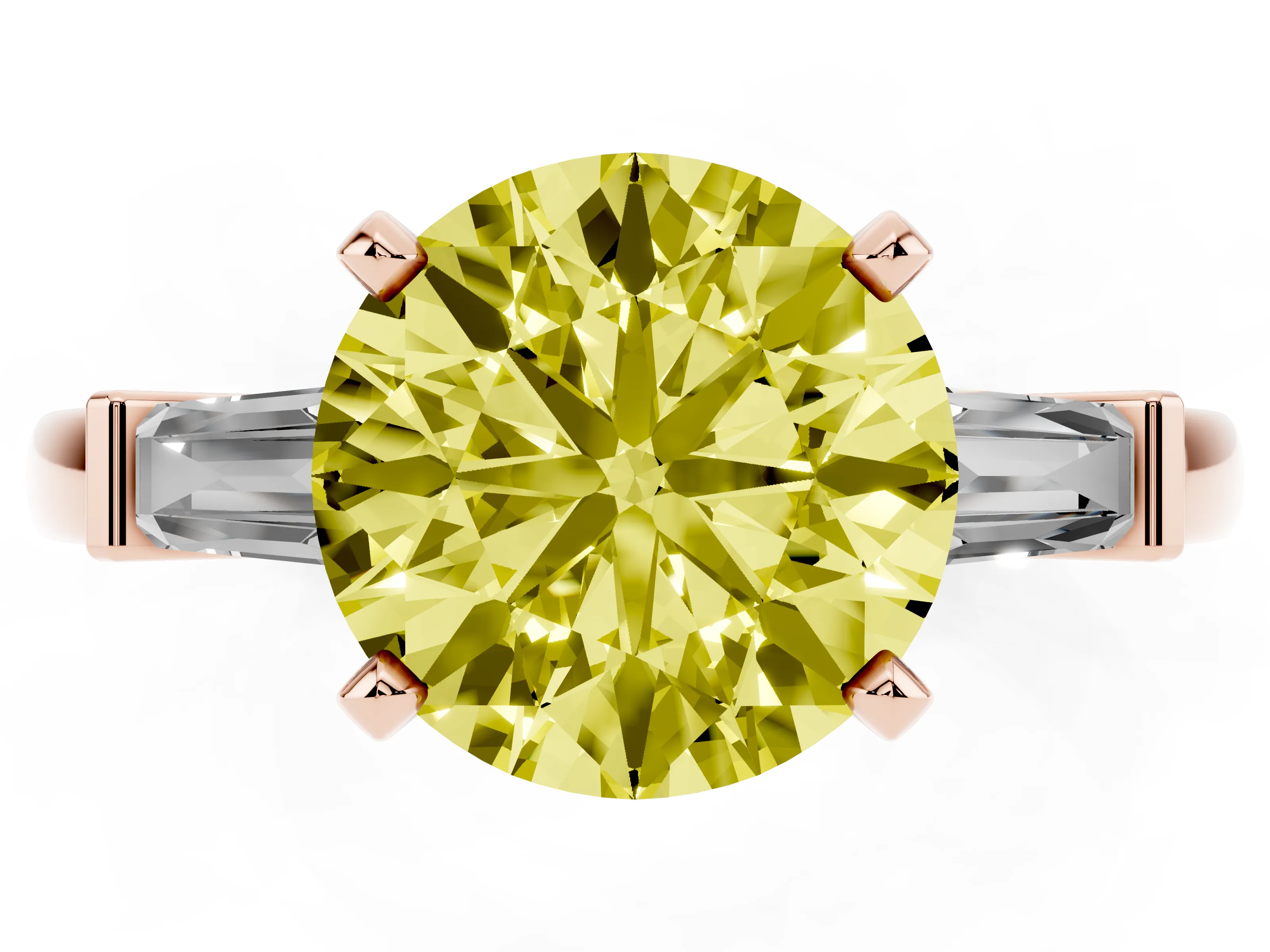 Fancy Yellow Round Cut Diamond Solitaire Ring Set in Rose gold with Tapered Baguette Accents and Prong Setting