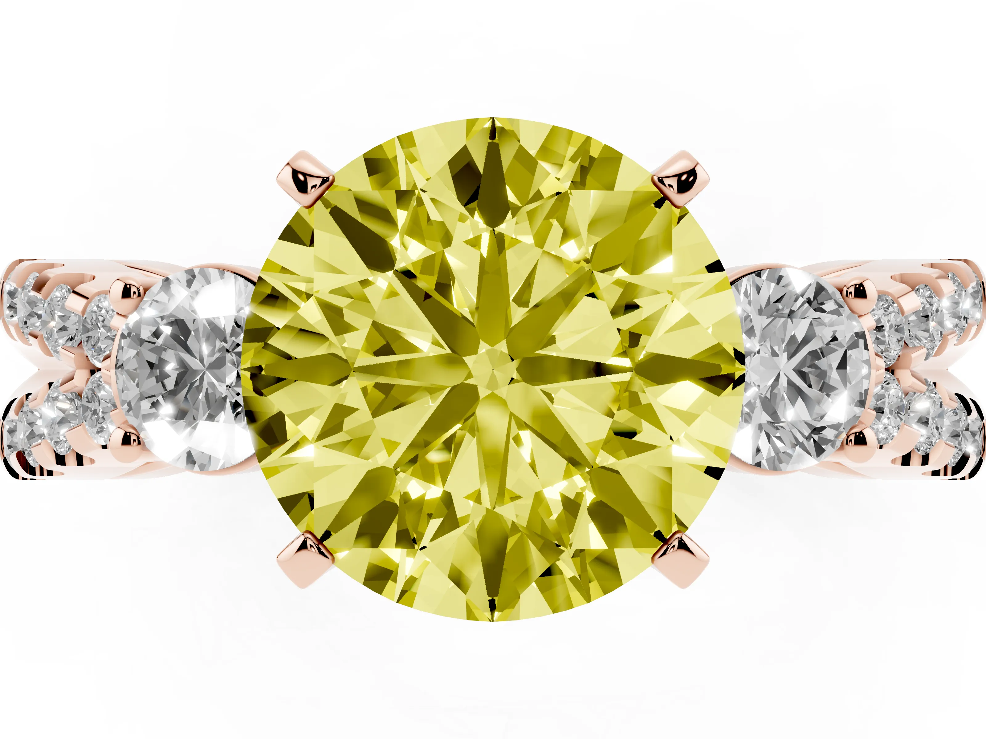 Fancy Yellow Round Cut Diamond Three-Stone Ring Set in Rose gold with Pavé Split Shank and Prong Setting