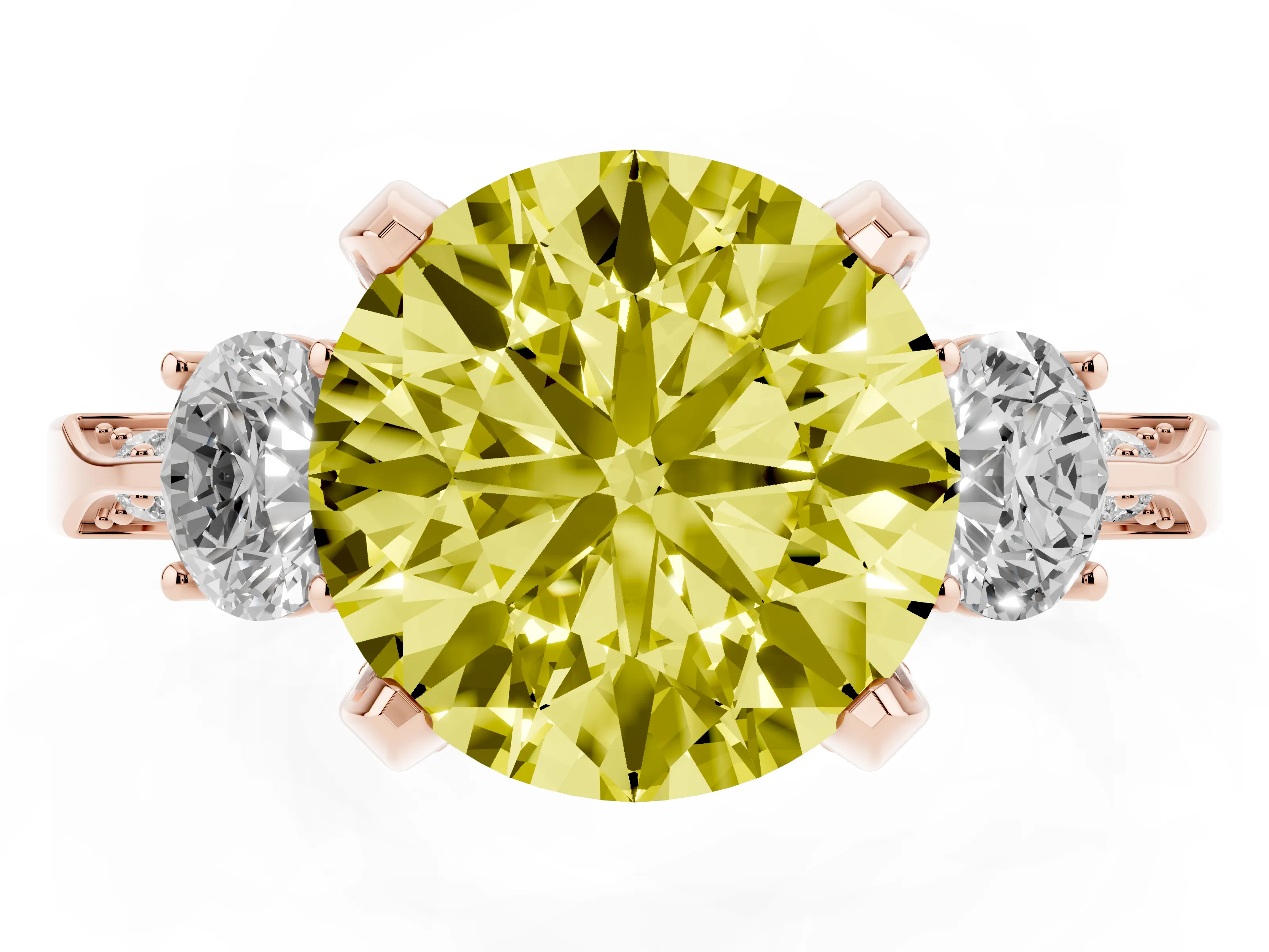 Fancy Yellow Round Cut Diamond Three-Stone Ring Set in Rose gold with Pavé Band and Smaller Side Stones