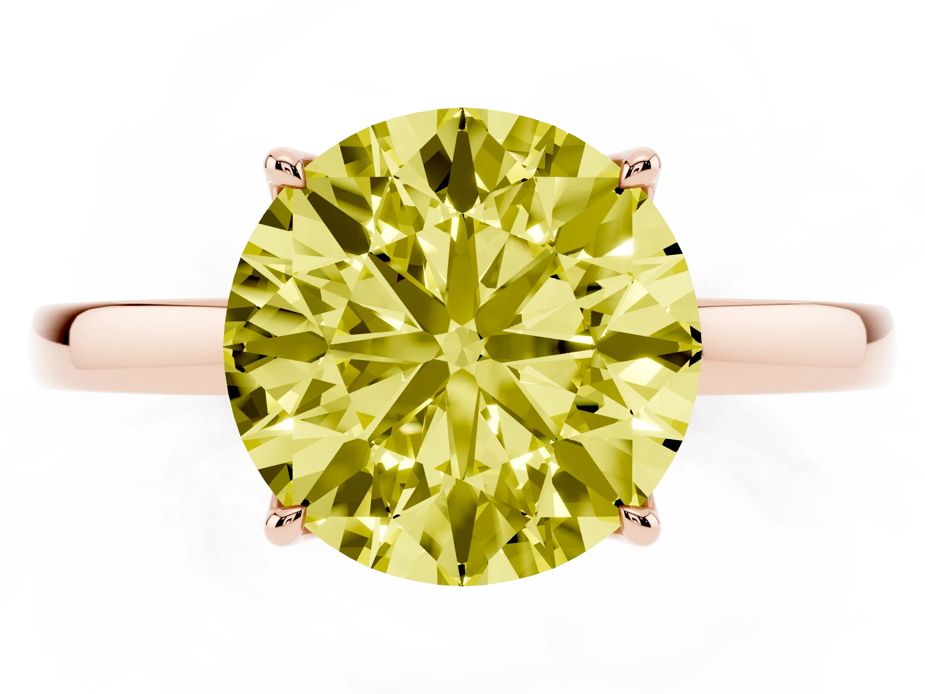 Fancy Yellow Round Cut Diamond Solitaire Ring Set in Rose gold with Prong Setting and Thin Polished Band