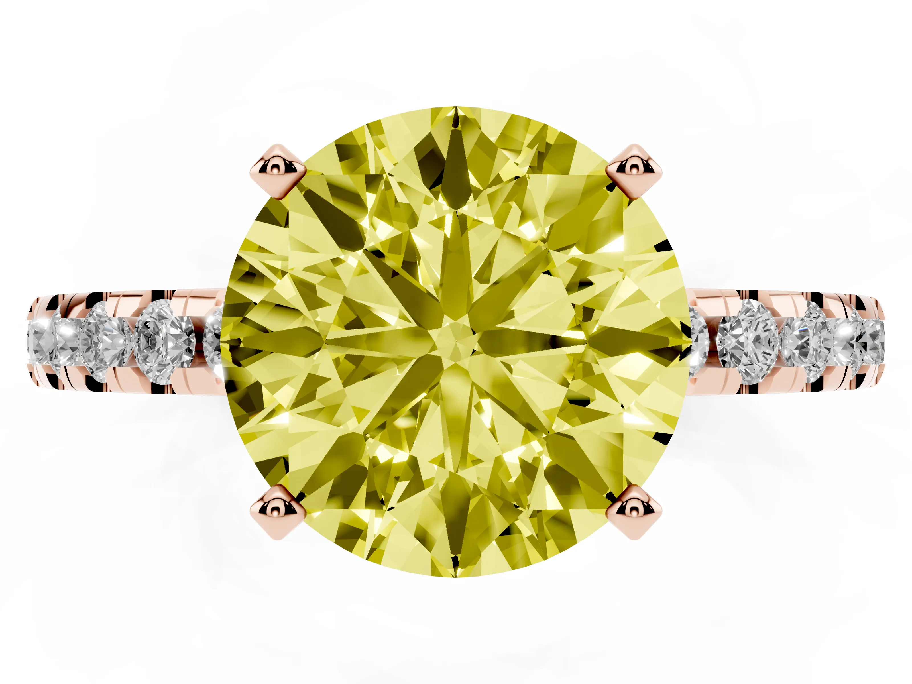 Fancy Yellow Round Cut Diamond Pavé Solitaire Ring Set in Rose gold with Round Band Accents and Prong Setting