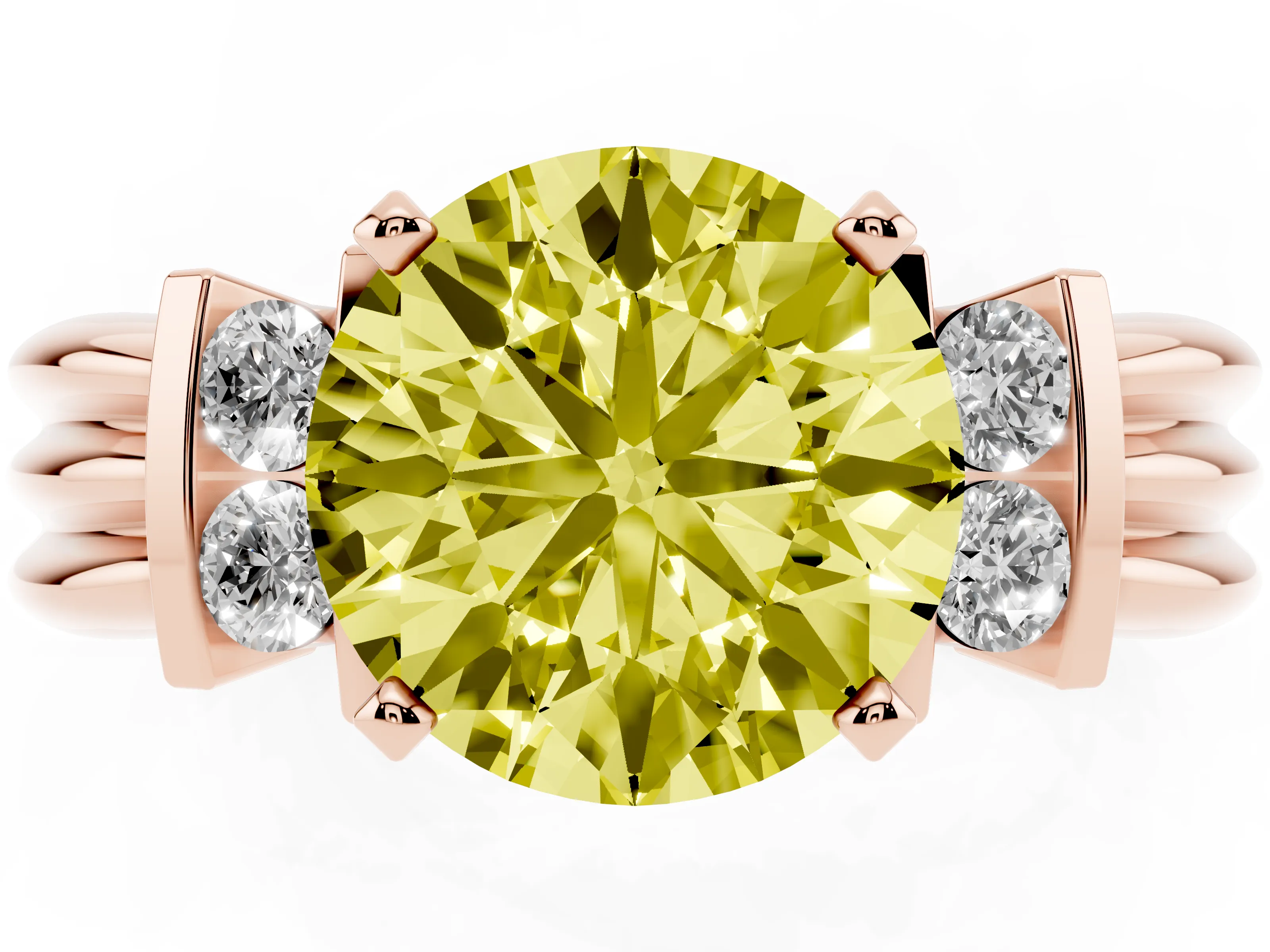 Fancy Yellow Three-Stone Round Cut Diamond Channel Set Ring Set in Rose gold with Bar Prongs