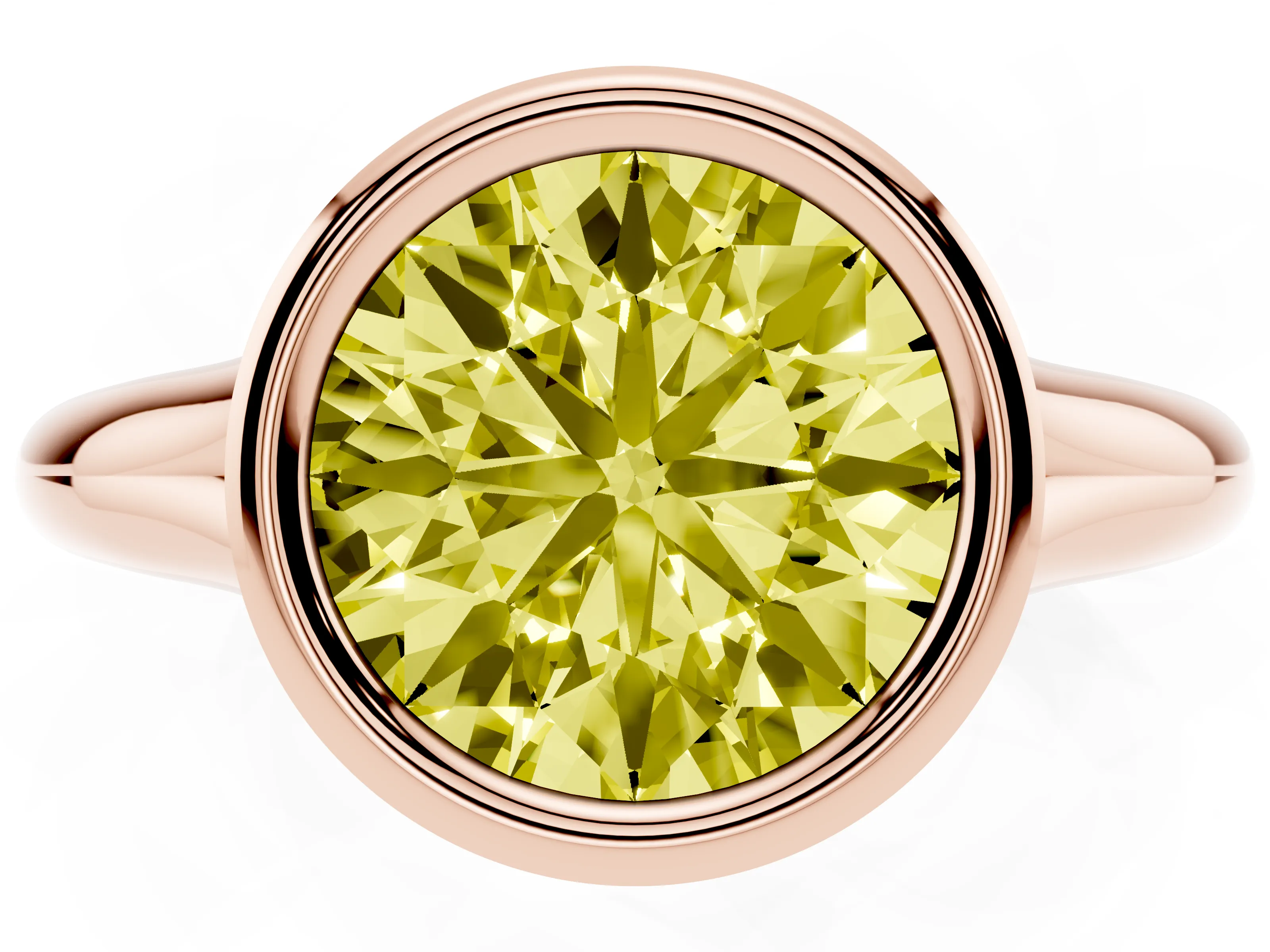 Fancy Yellow Bezel Set Round Cut Diamond Solitaire Ring Set in Rose gold with Smooth Band