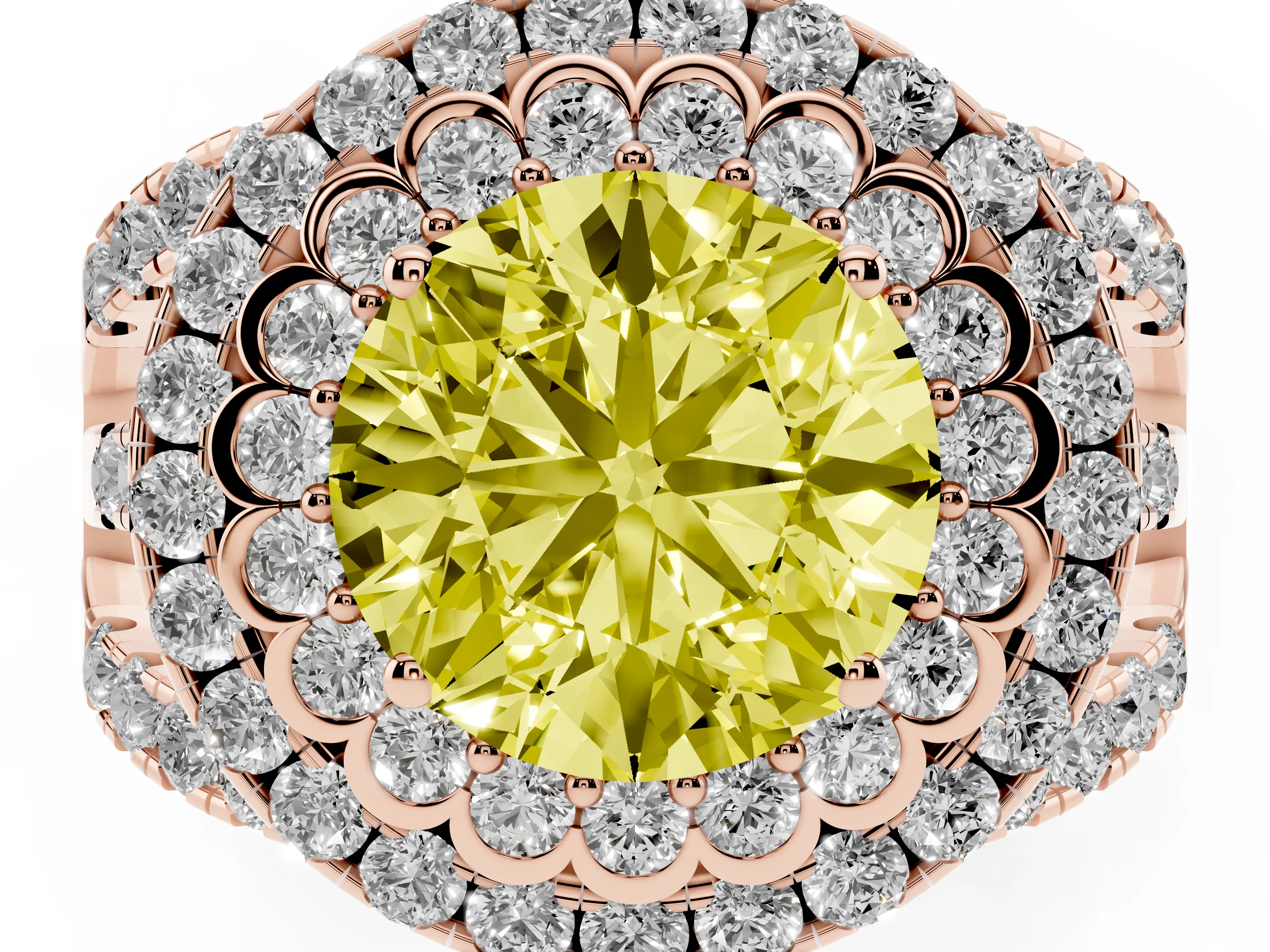 Fancy Yellow Round Cut Diamond Double Halo Ring Set in Rose gold with Round Pavé Split Shank