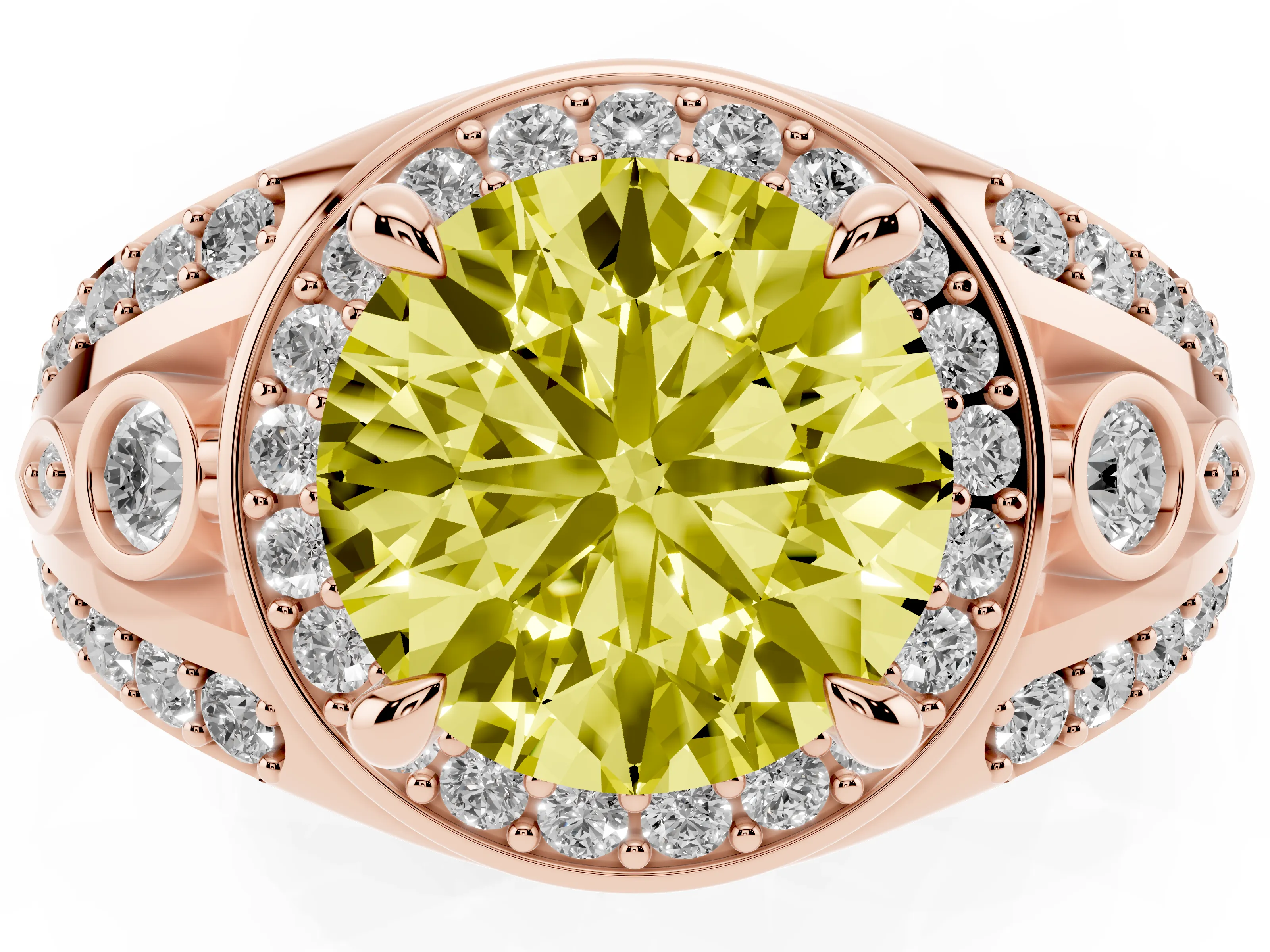 Fancy Yellow Round Cut Diamond Halo Ring Set in Rose gold with Pavé Split Shank and Bezel Accents