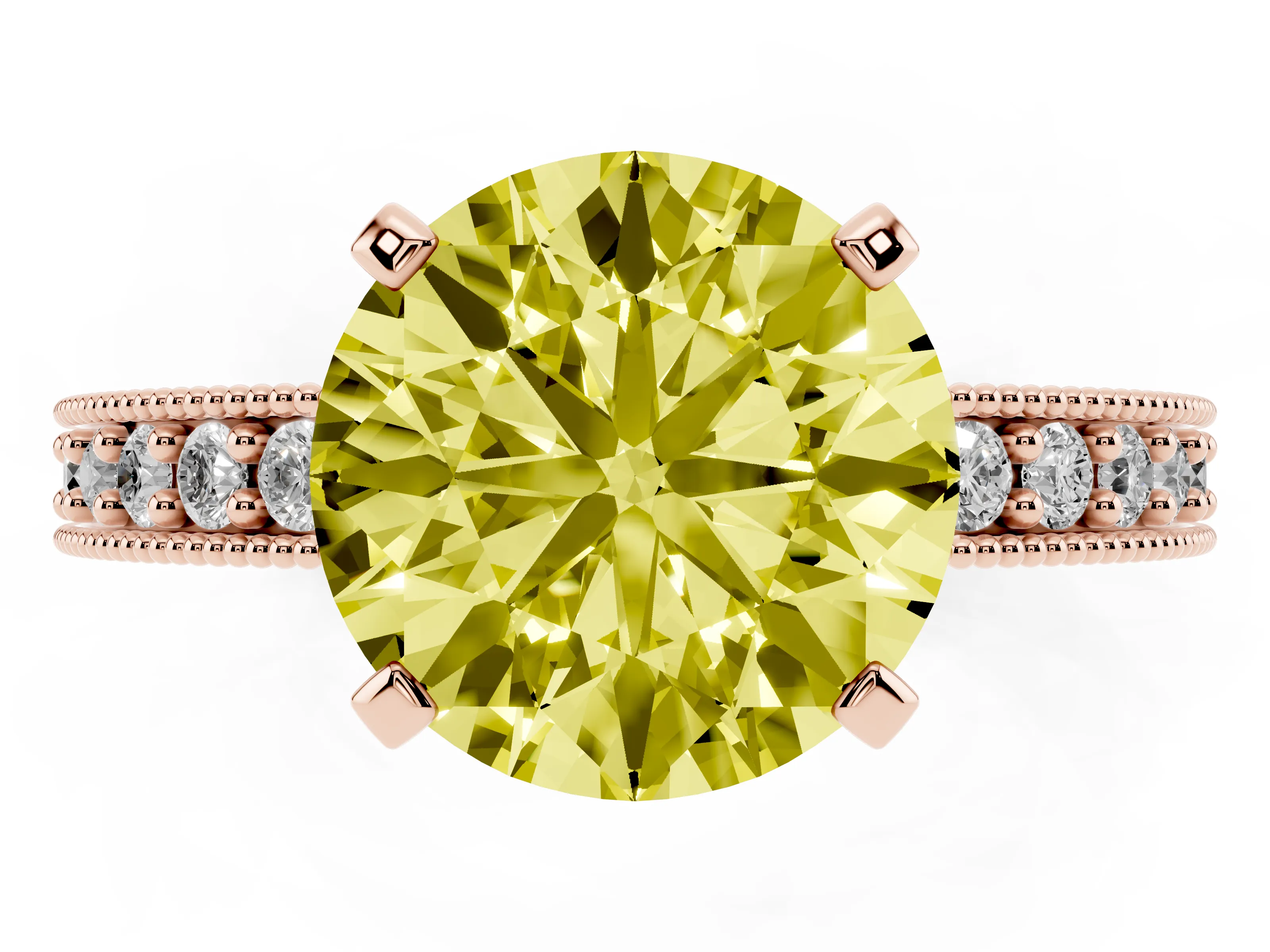 Fancy Yellow Round Cut Diamond Milgrain Pavé Engagement Ring Set in Rose gold with Prong Setting