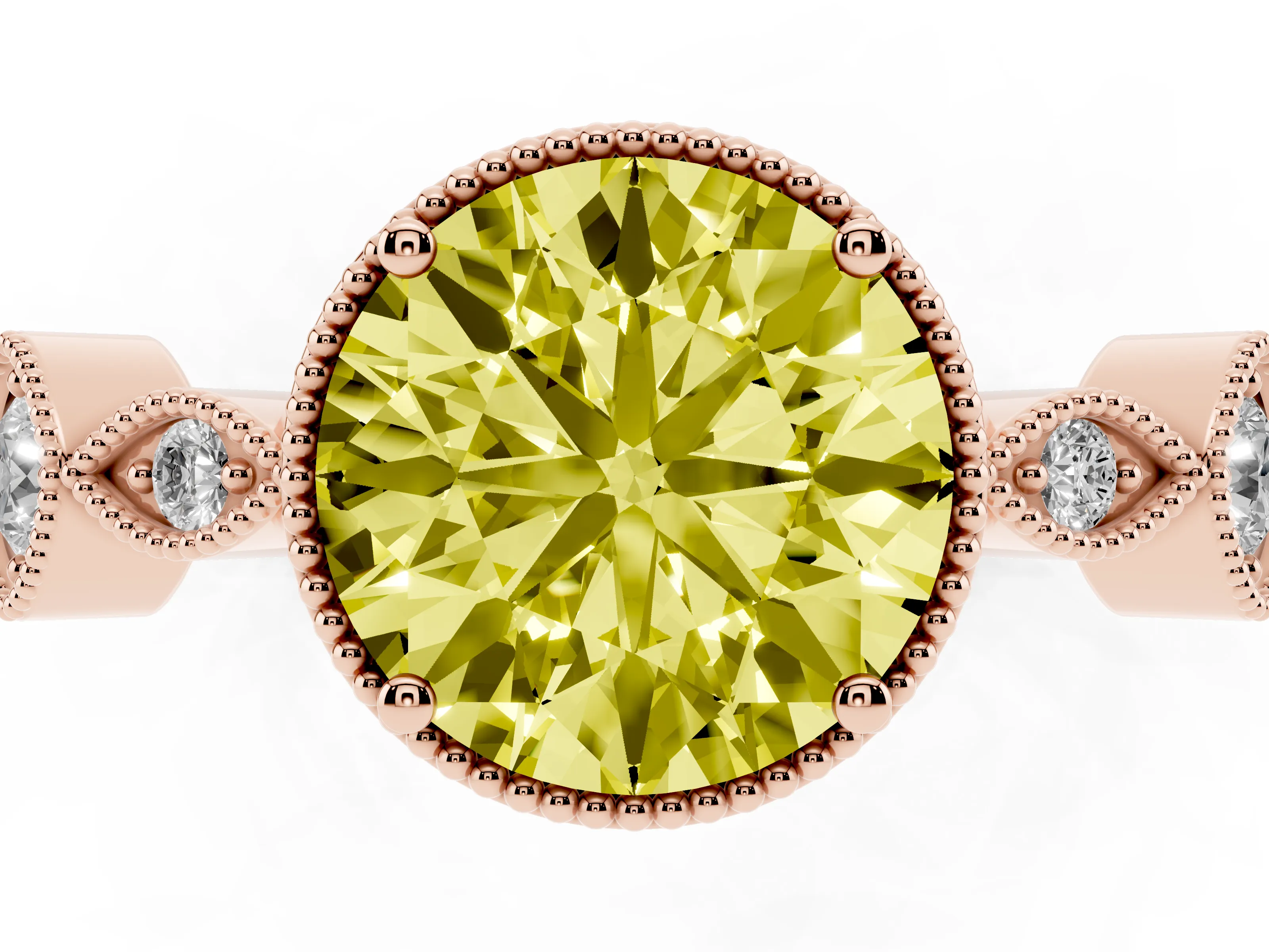 Fancy Yellow Round Cut Diamond Vintage-Inspired Milgrain Ring Set in Rose gold with Marquise Stations of Round Accents