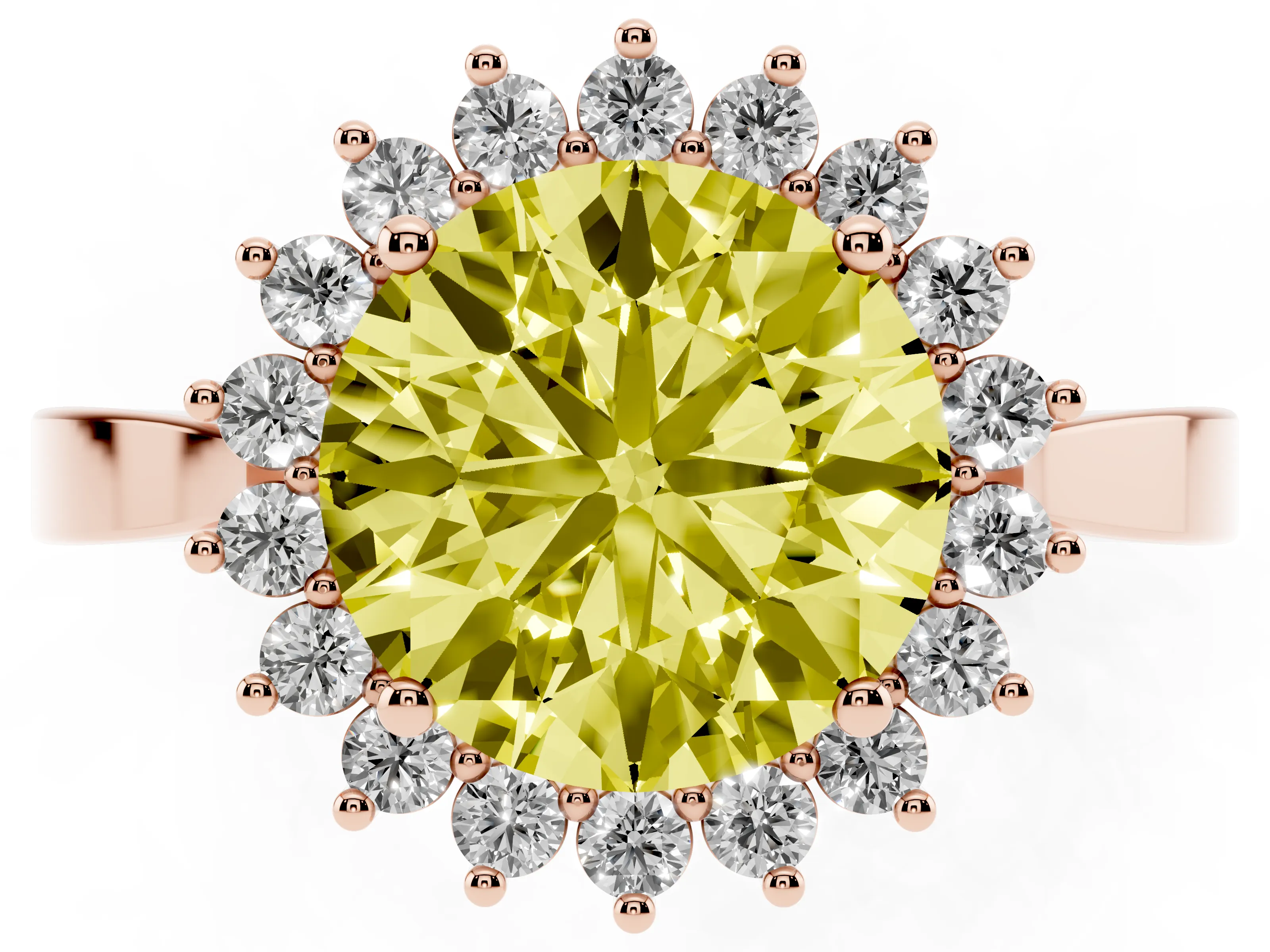 Fancy Yellow Round Cut Diamond Halo Ring Set in Rose gold with Round Halo and Smooth Solitaire Band