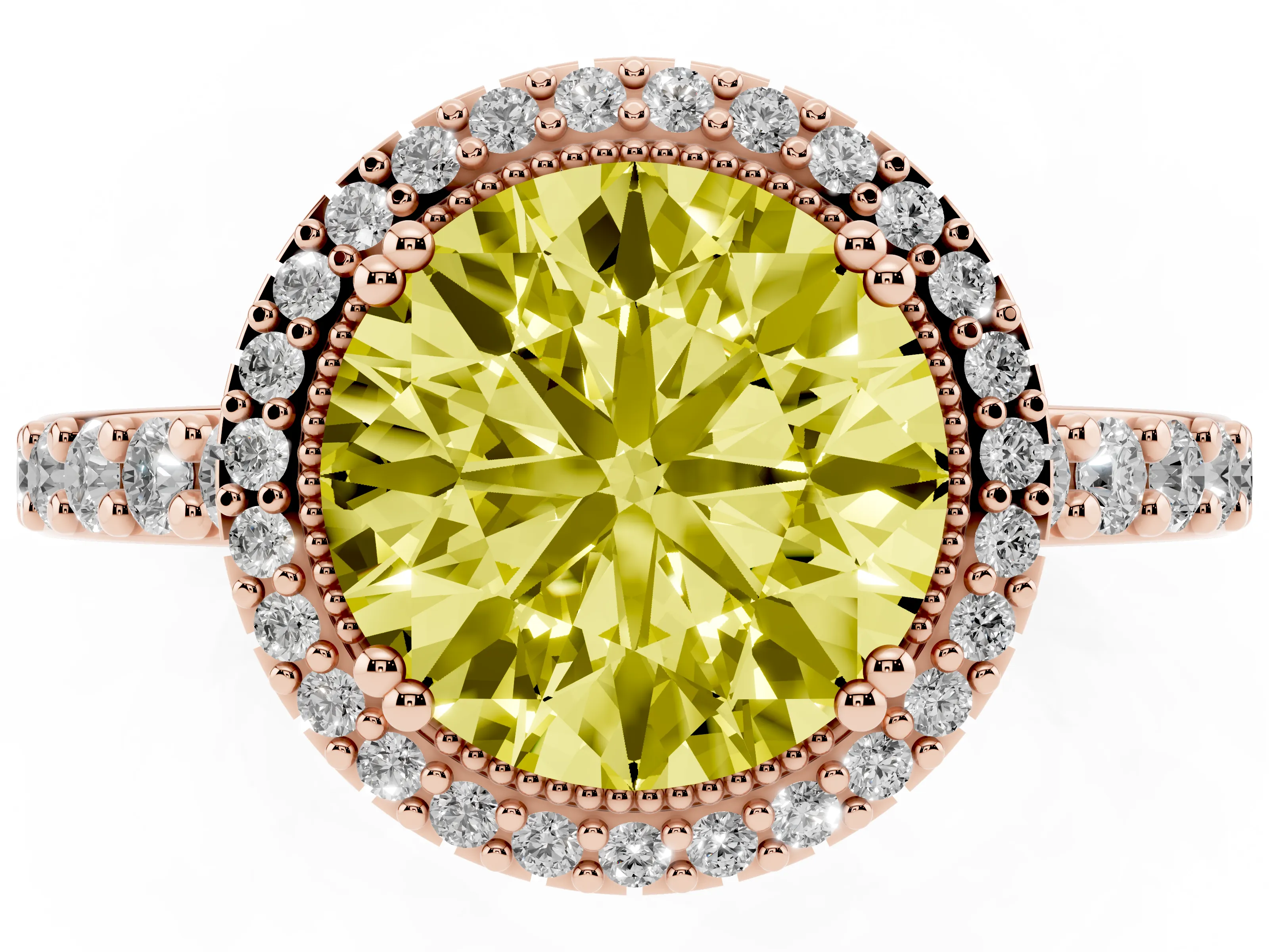 Fancy Yellow Round Cut Diamond Halo Engagement Ring Set in Rose gold with Milgrain Detail and Pavé Band