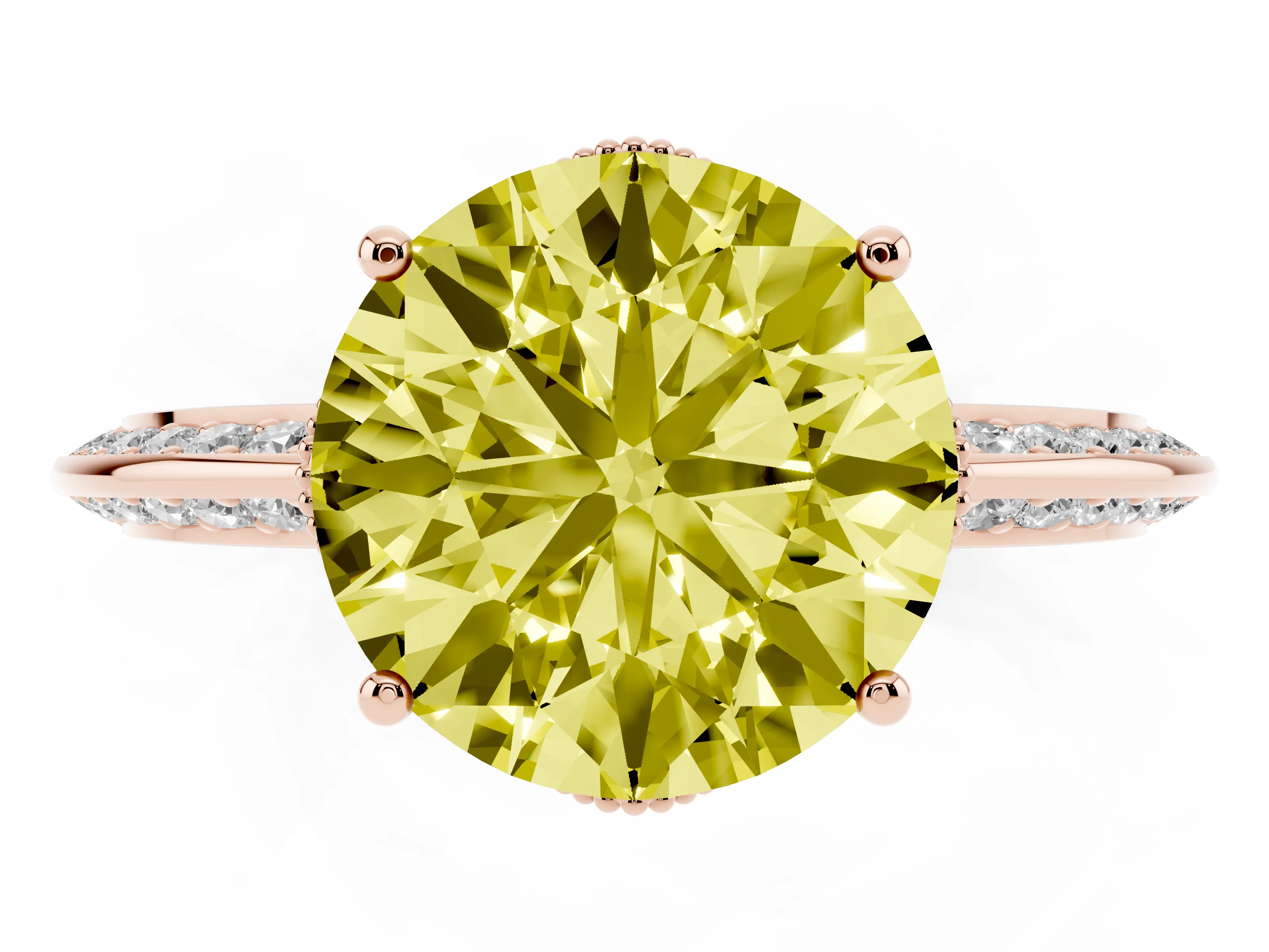 Fancy Yellow Round Cut Diamond Solitaire Engagement Ring Set in Rose gold with Pavé Split Shank and Prong Setting