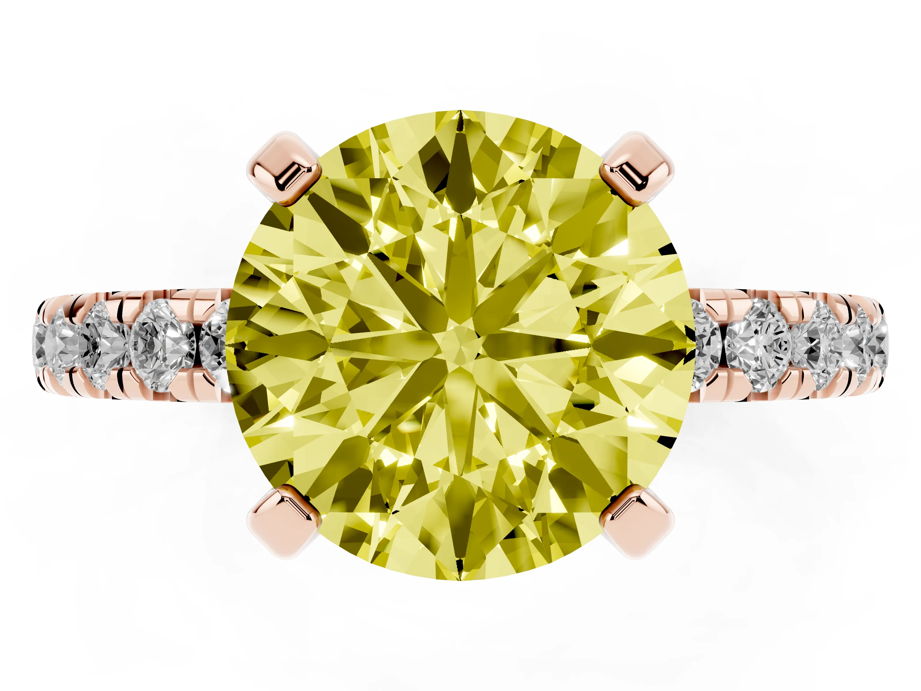 Fancy Yellow Round Cut Diamond Pavé Solitaire Ring Set in Rose gold with Round Band and Prong Setting
