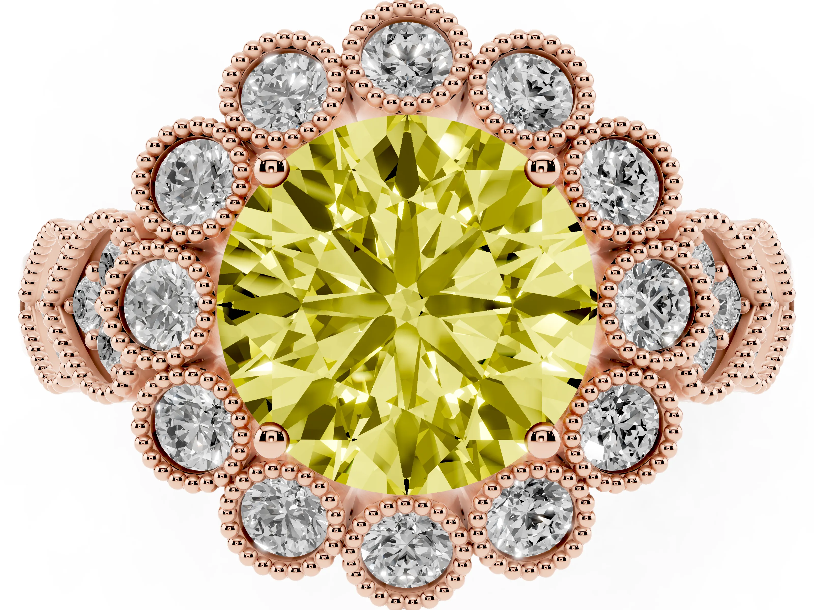Fancy Yellow Round Cut Diamond Solitaire Ring Set in Rose gold with Milgrain Pavé Heart Band
