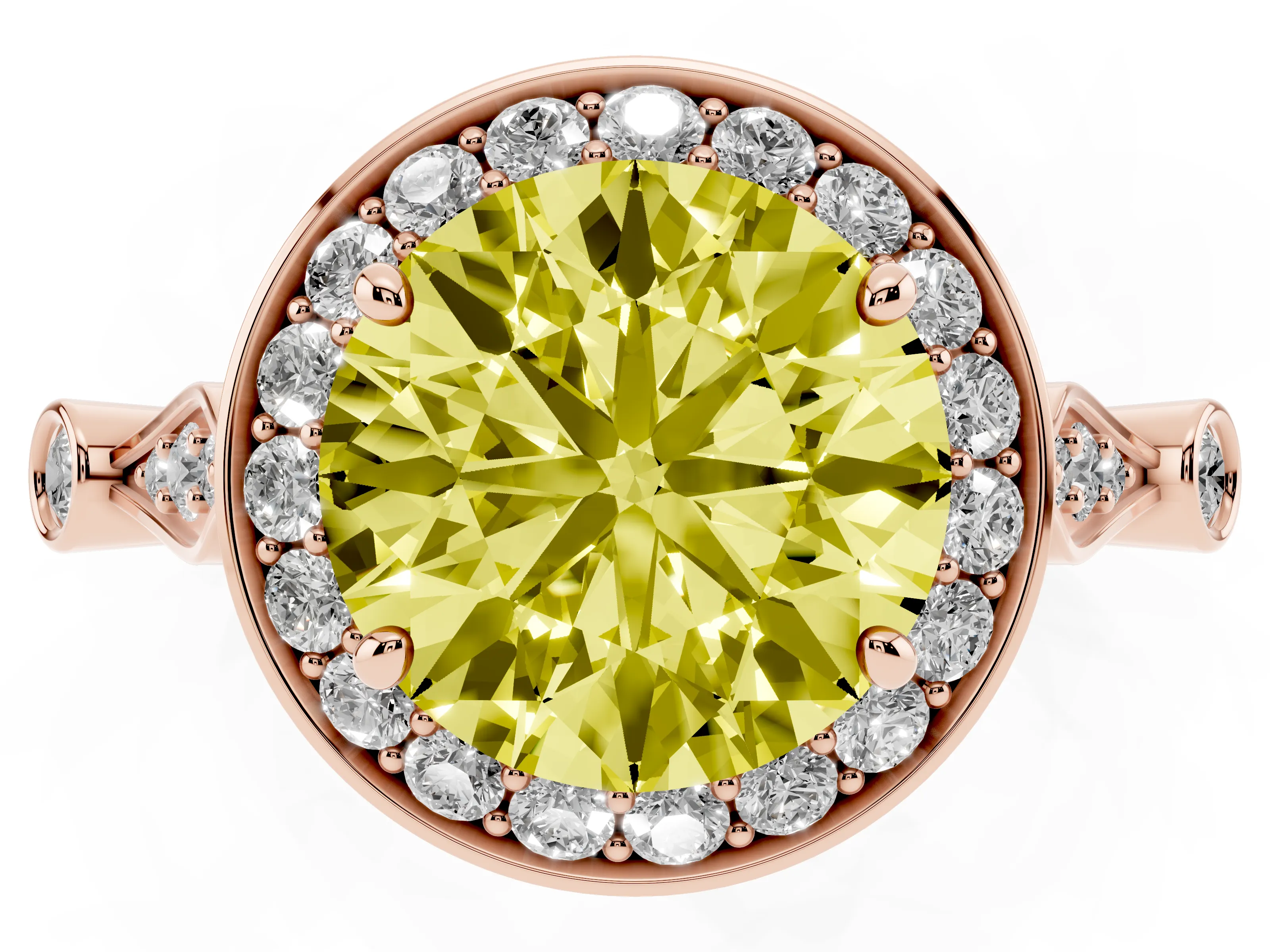 Fancy Yellow Round Cut Diamond Halo Engagement Ring Set in Rose gold with Twisted Band and Prong Setting