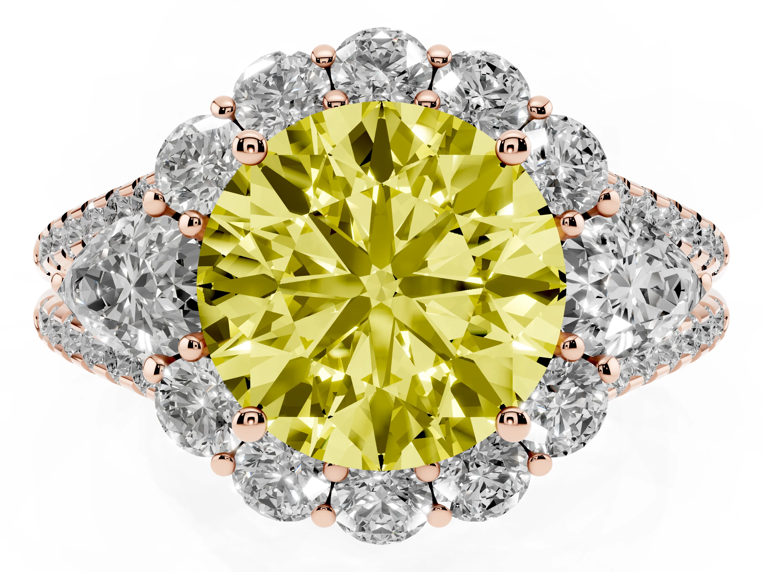Fancy Yellow Round Cut Diamond Halo Split Shank Engagement Ring Set in Rose gold with Prong-Held Center Stone