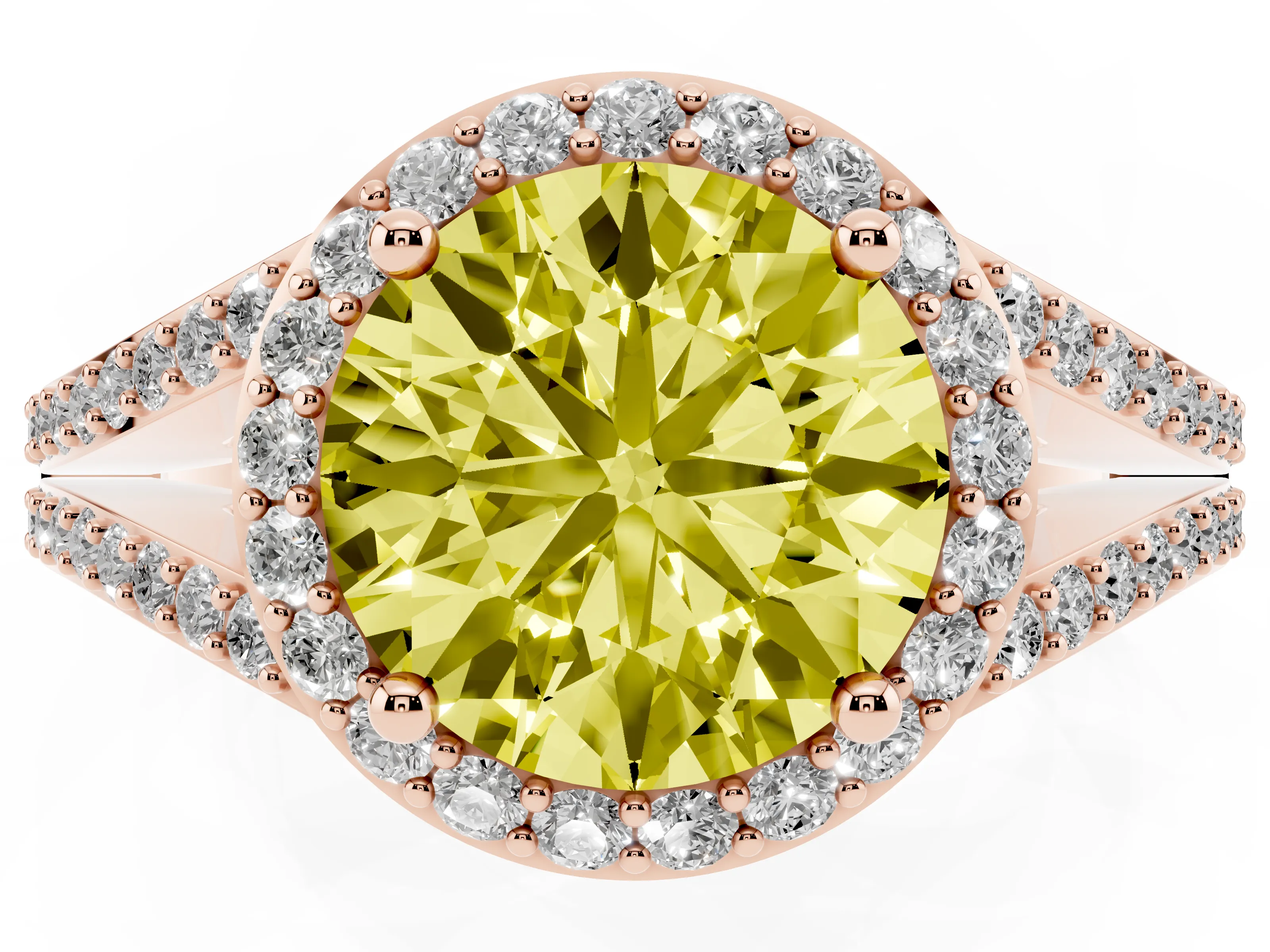 Fancy Yellow Round Cut Diamond Halo Split Shank Pavé Ring Set in Rose gold with Prong Setting
