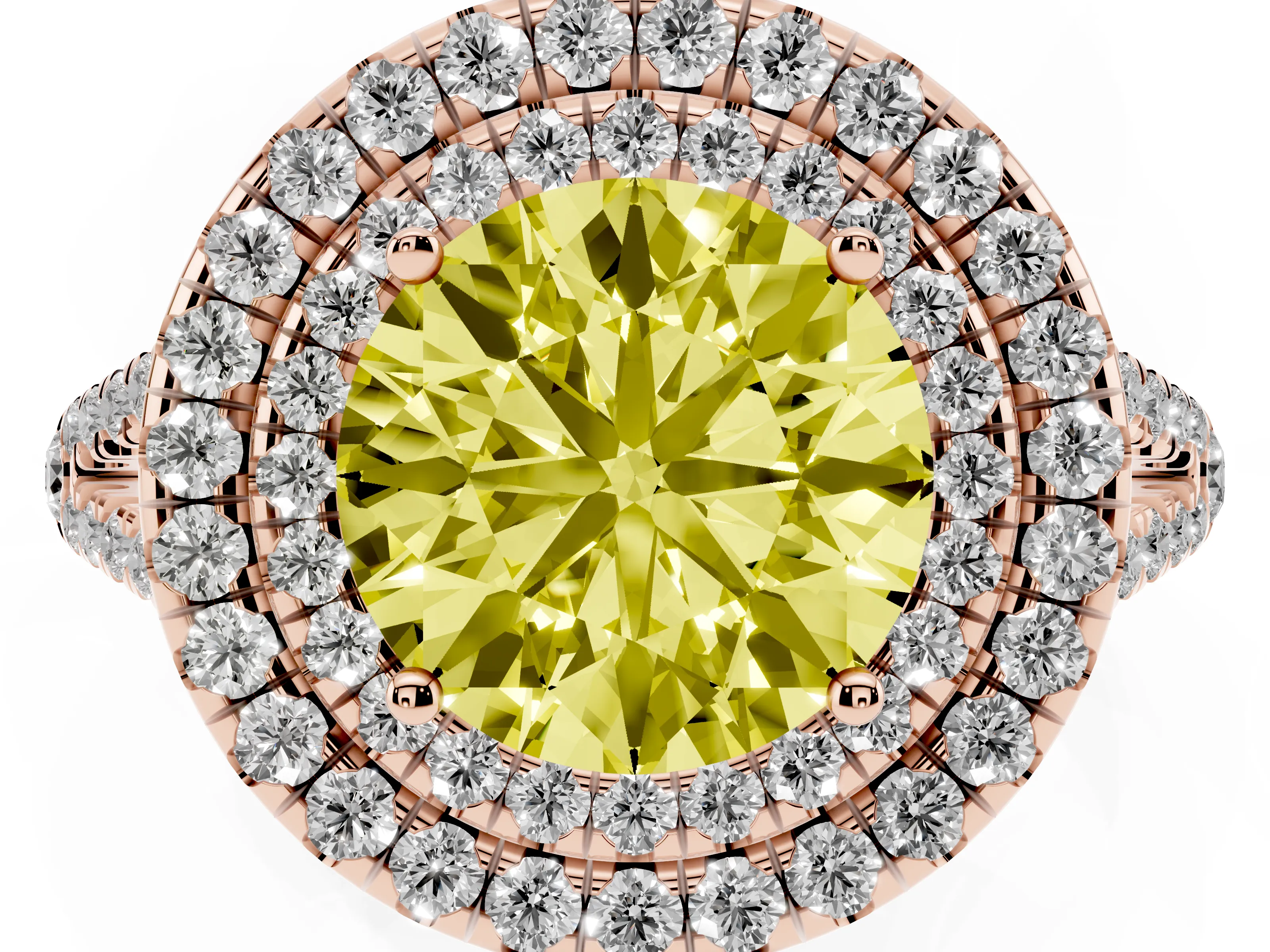 Fancy Yellow Round Cut Diamond Double Halo Ring Set in Rose gold with Pavé Band