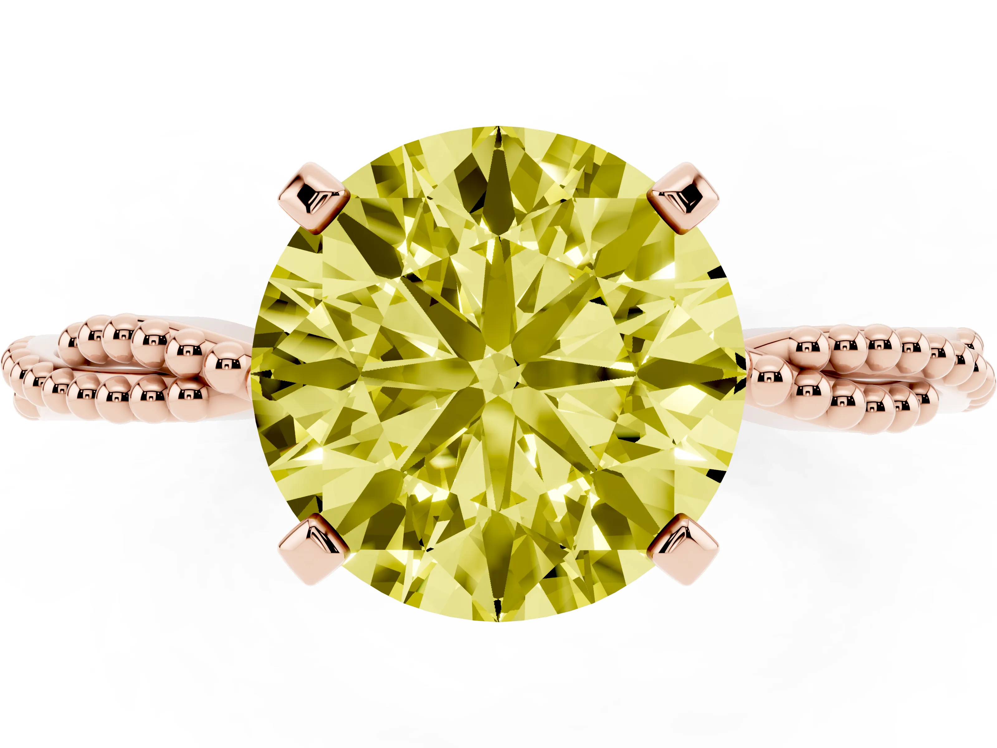 Fancy Yellow Round Cut Diamond Solitaire Ring Set in Rose gold with Twisted Band and Bead Prong Setting