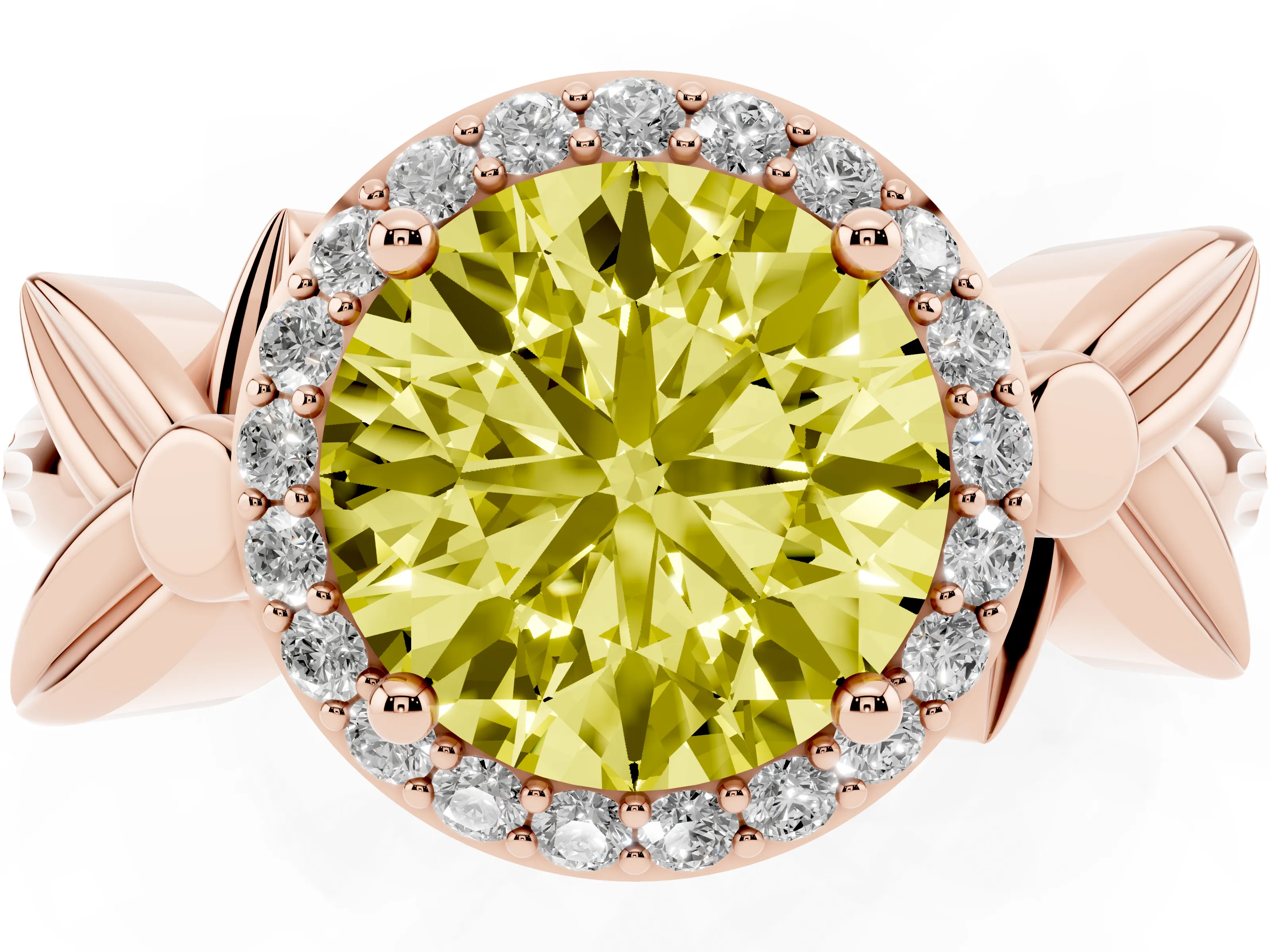 Fancy Yellow Round Cut Diamond Halo Floral Band Ring Set in Rose gold with Prong Setting