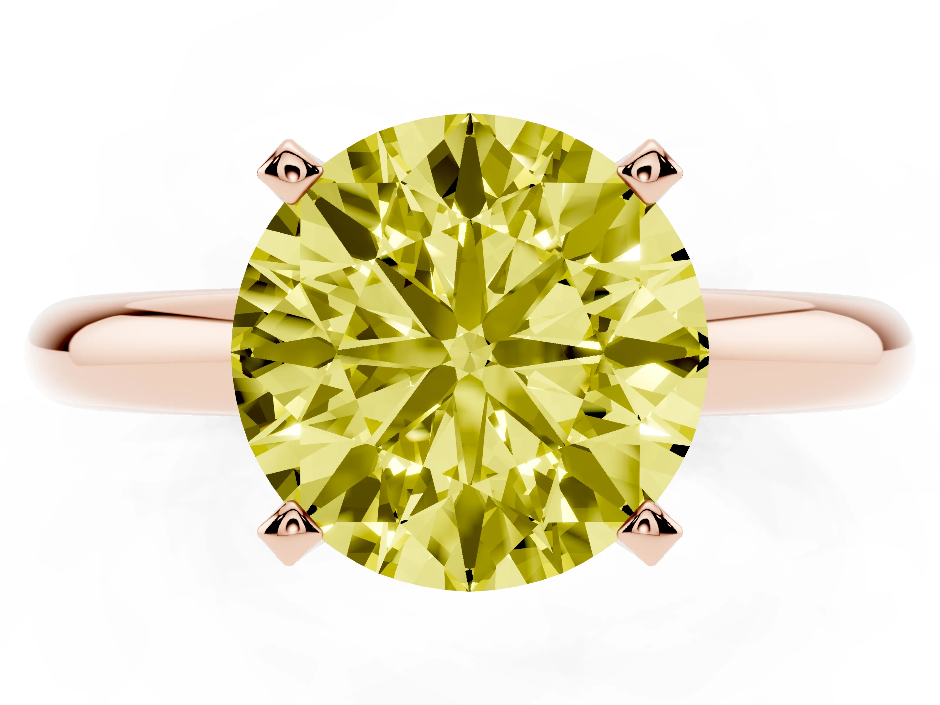 Fancy Yellow Round Cut Diamond Solitaire Engagement Ring Set in Rose gold with Round Band and Prong Setting