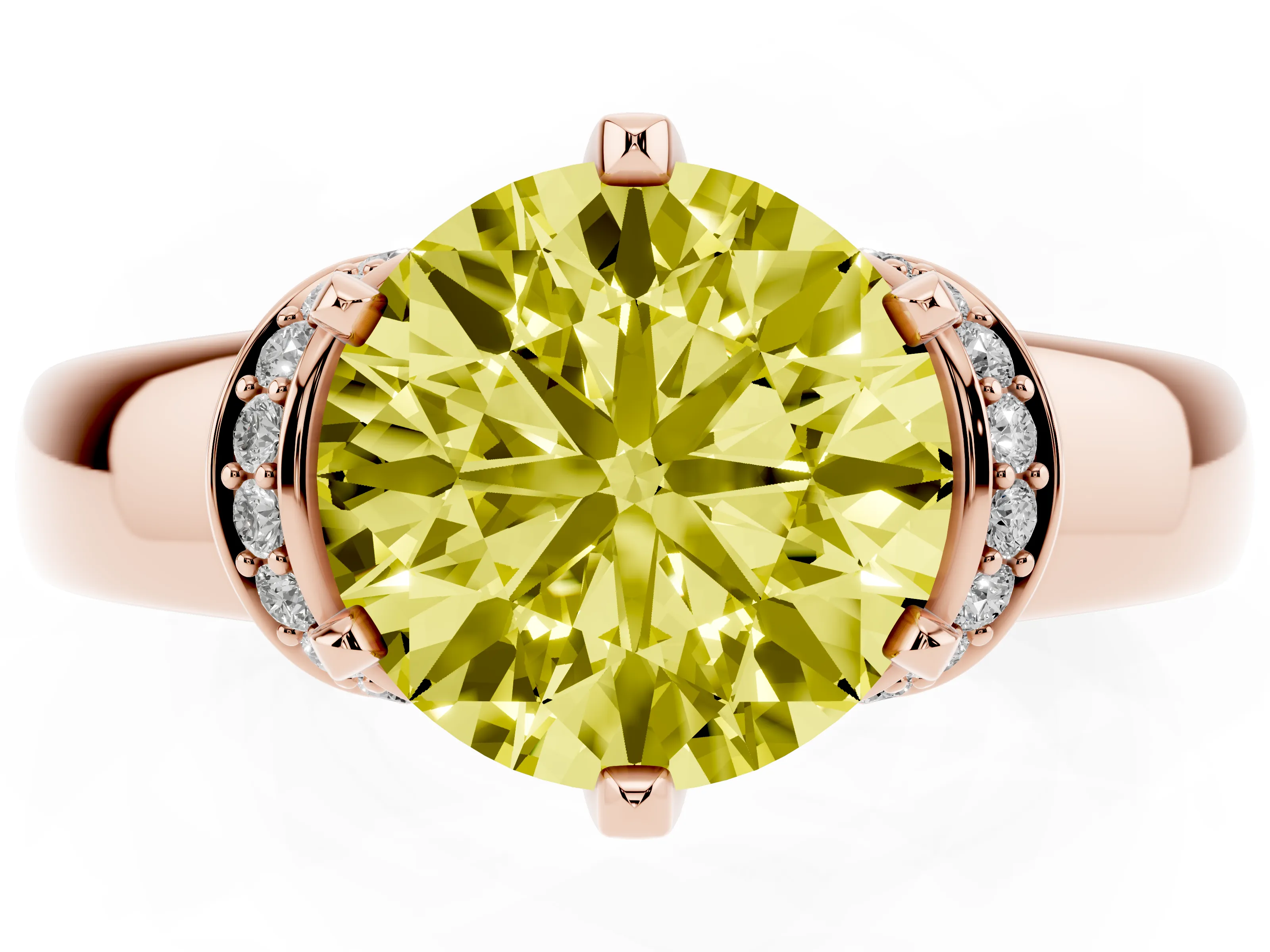 Fancy Yellow Round Cut Diamond Pavé Band Solitaire Ring Set in Rose gold with Prong Setting