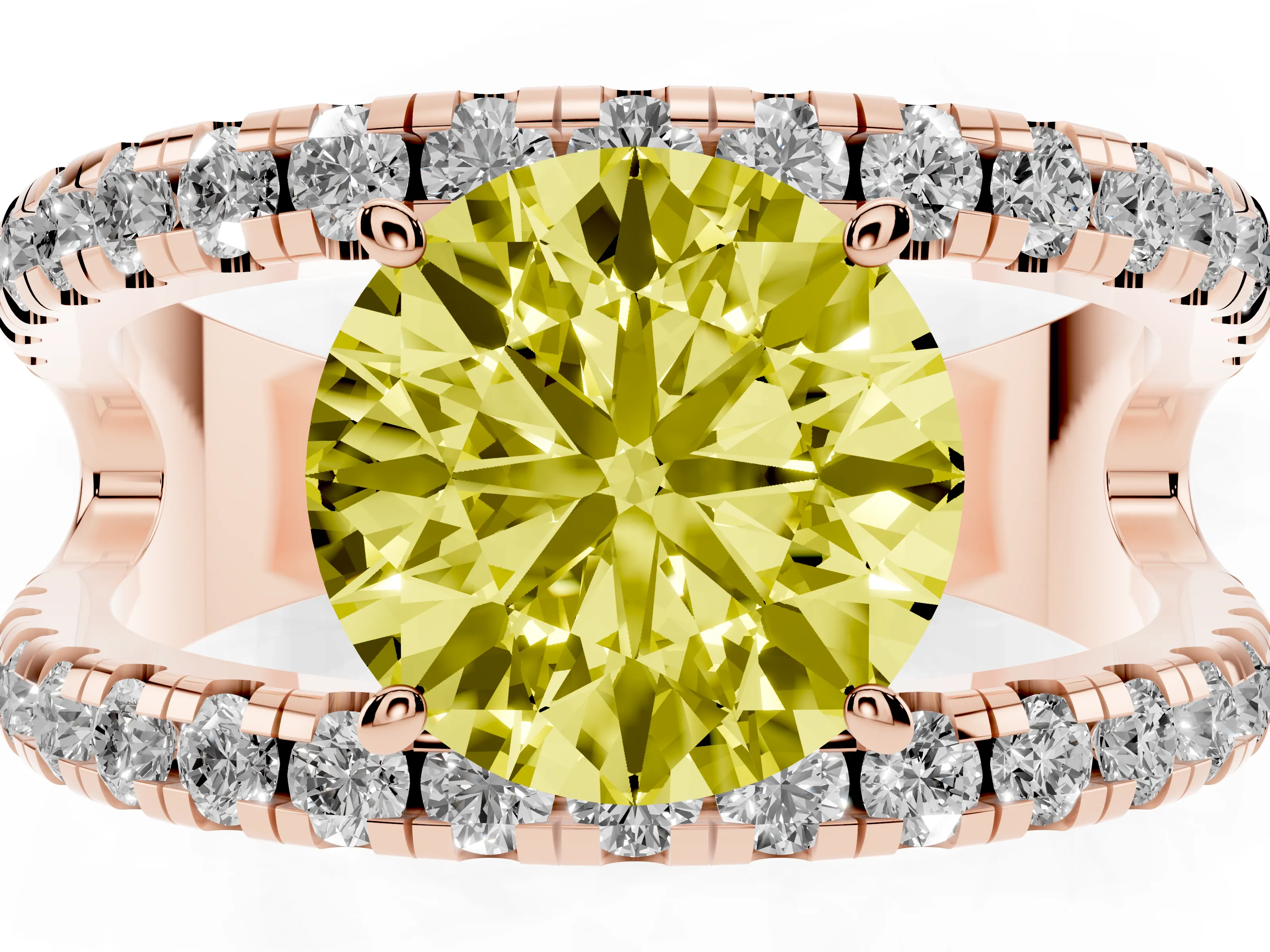 Fancy Yellow Round Cut Diamond Split Shank Pavé Solitaire Ring Set in Rose gold with Open Shank Design
