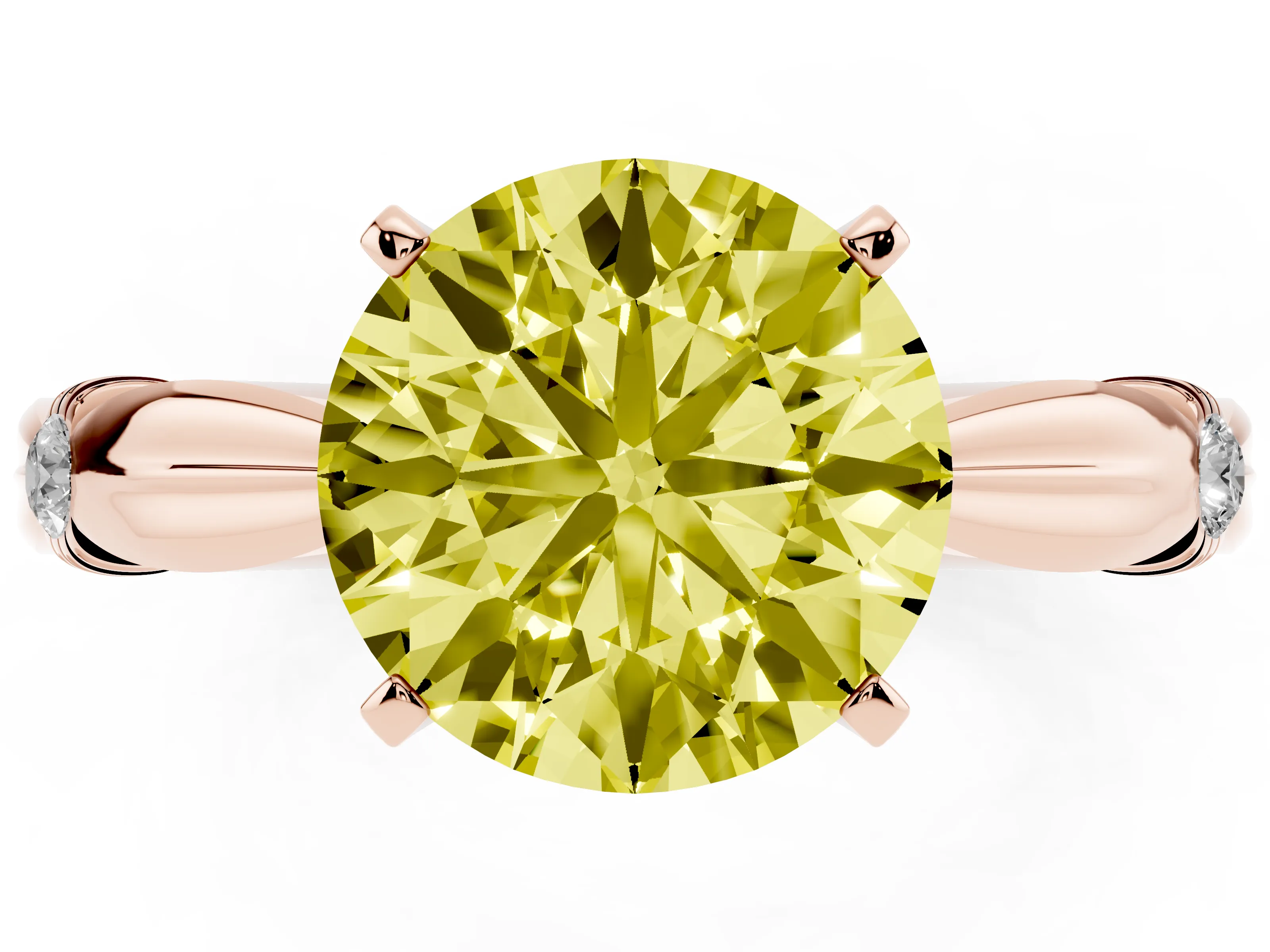 Fancy Yellow Round Cut Diamond Solitaire Twisted Band Ring Set in Rose gold with Accent Stones and Prong Setting