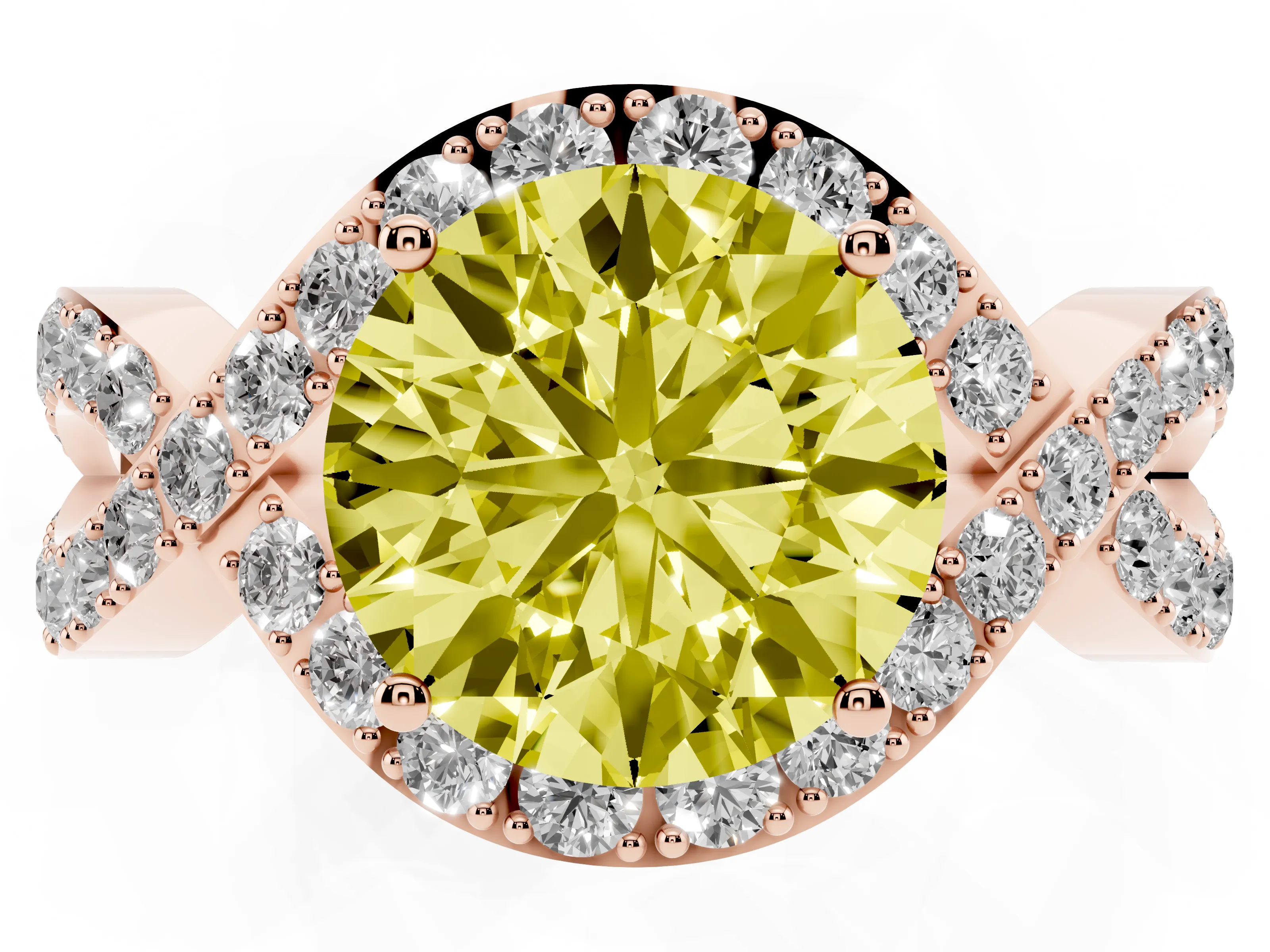 Fancy Yellow Round Cut Diamond Solitaire Twist Band Pavé Engagement Ring Set in Rose gold