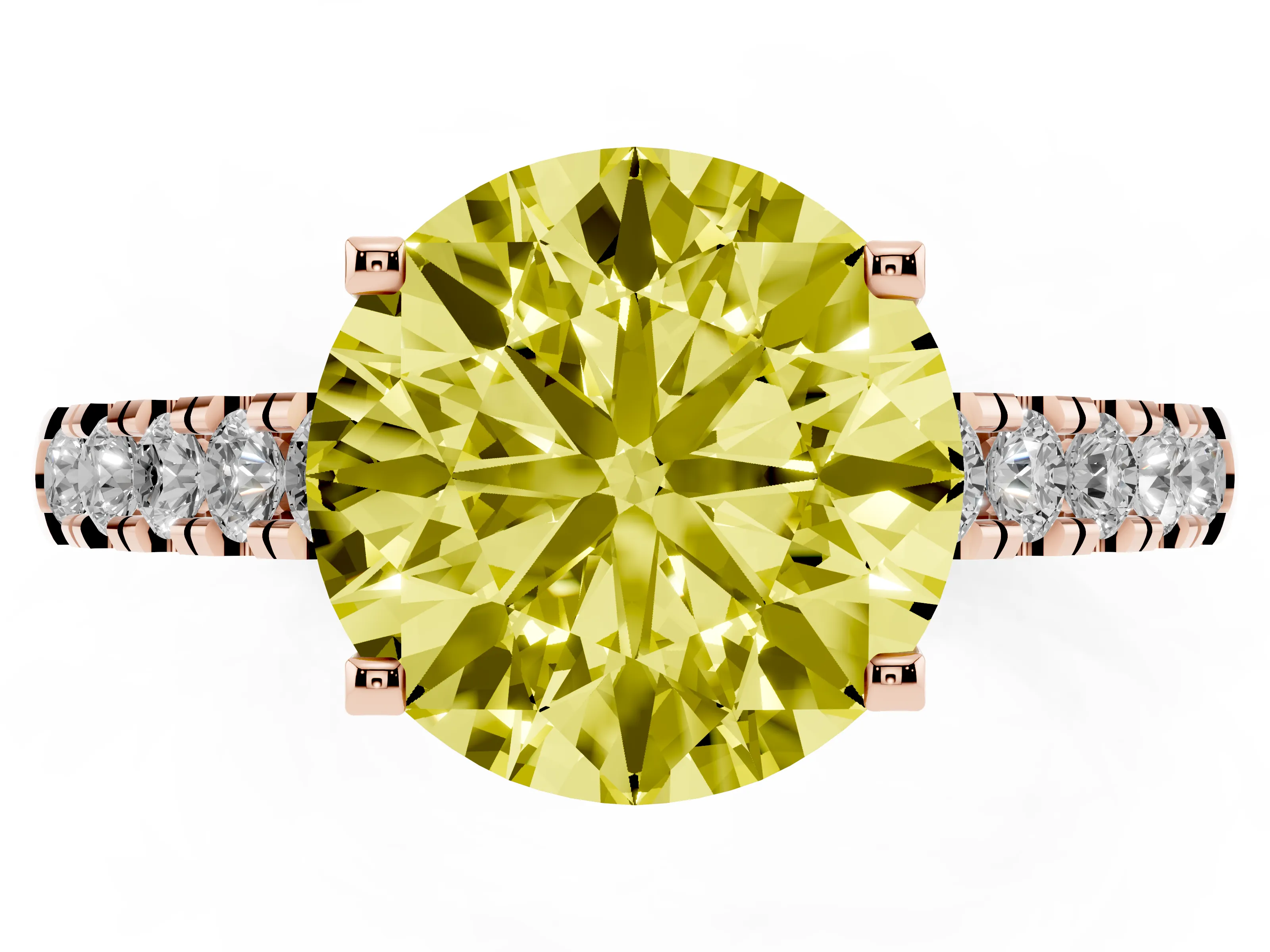 Fancy Yellow Round Cut Diamond Pavé Band Solitaire Ring Set in Rose gold with Partway Accent Stones and Prong Setting