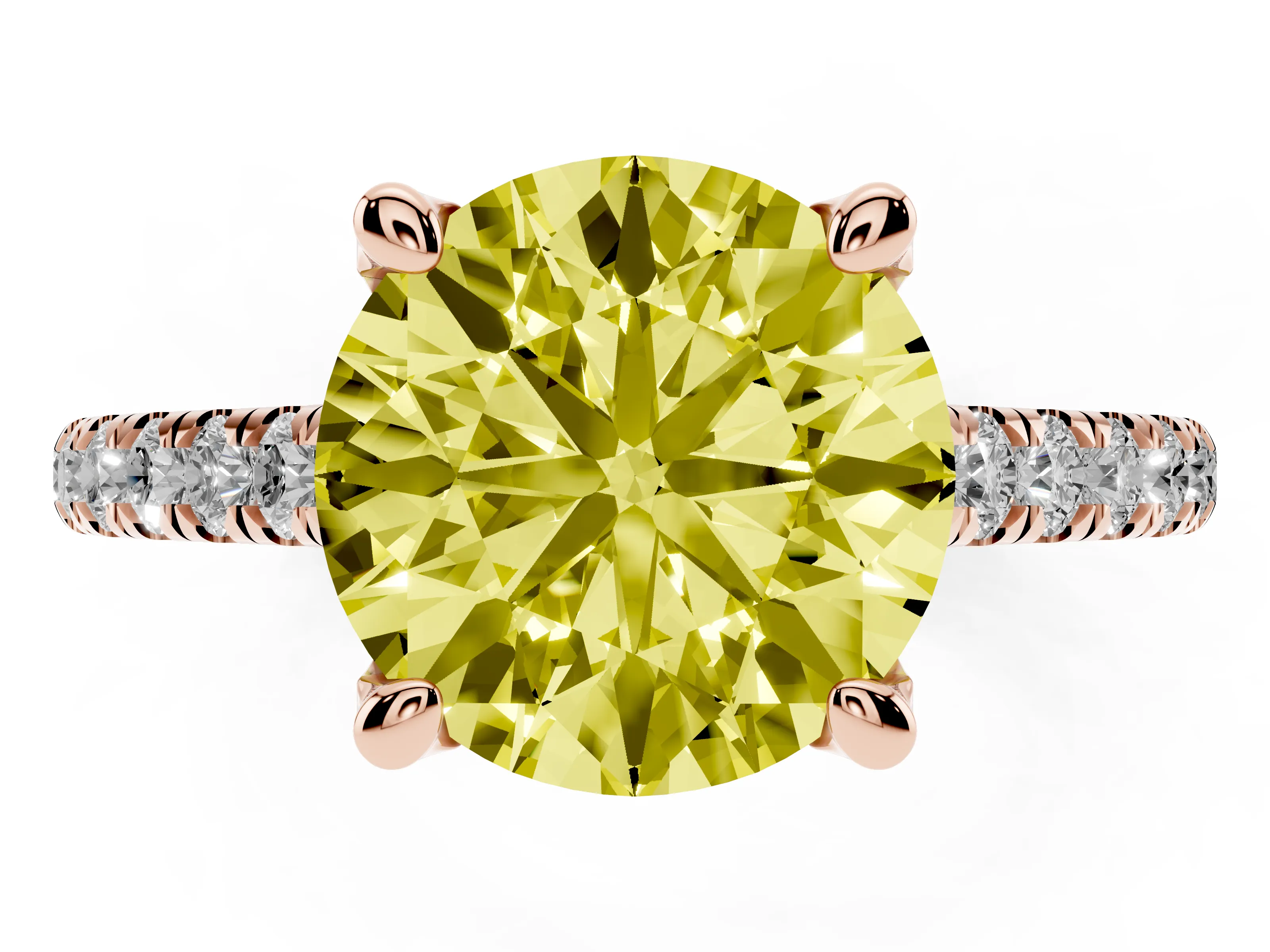 Fancy Yellow Round Cut Diamond Solitaire Ring Set in Rose gold with Brilliant Pavé Band and Prong Setting
