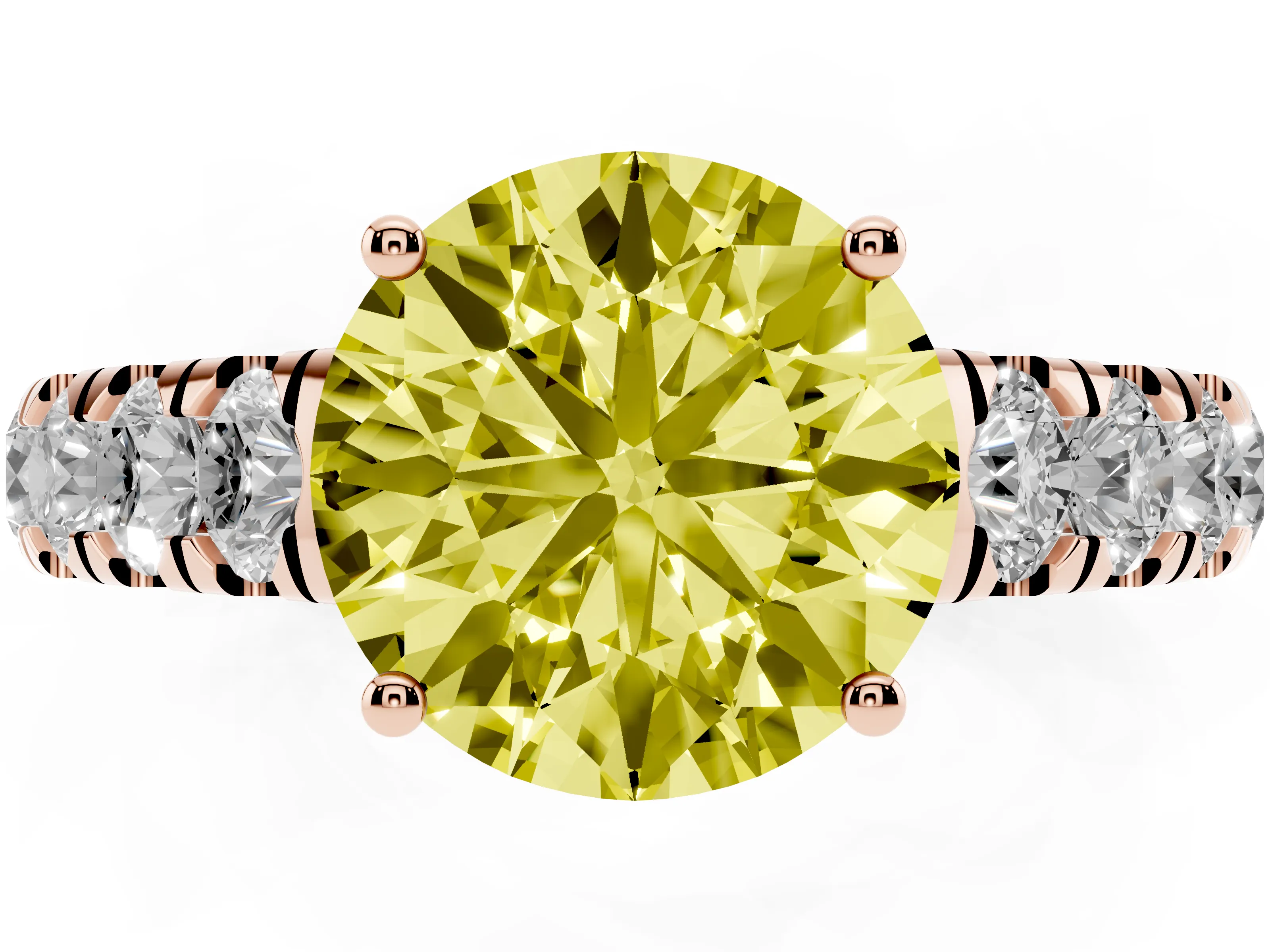 Fancy Yellow Round Cut Diamond Solitaire Ring Set in Rose gold with Cut-Down Micro Pavé Band and Prong Setting