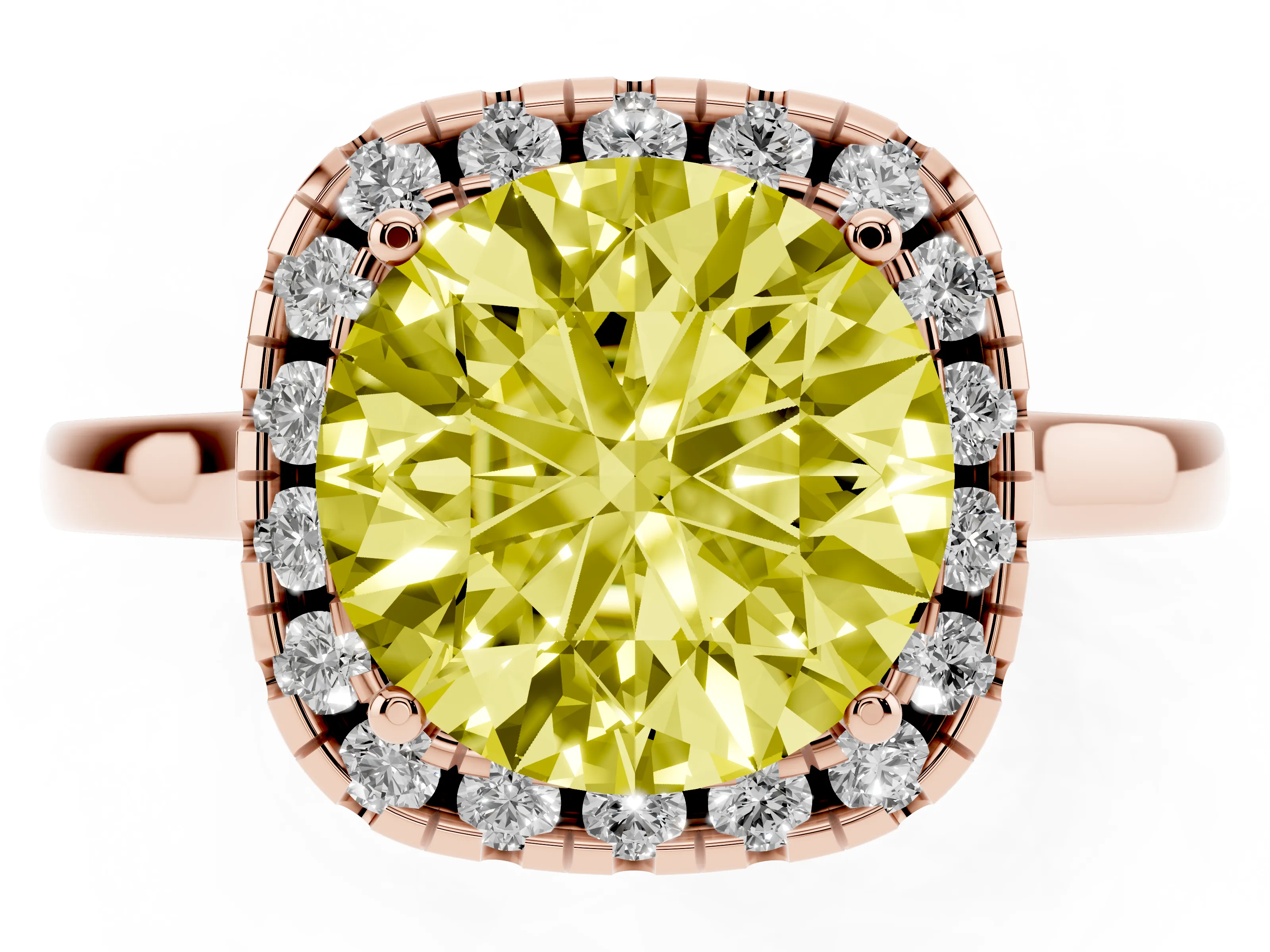 Fancy Yellow Round Cut Halo Round Diamond Solitaire Ring Set in Rose gold with Pavé Band and Prong Setting