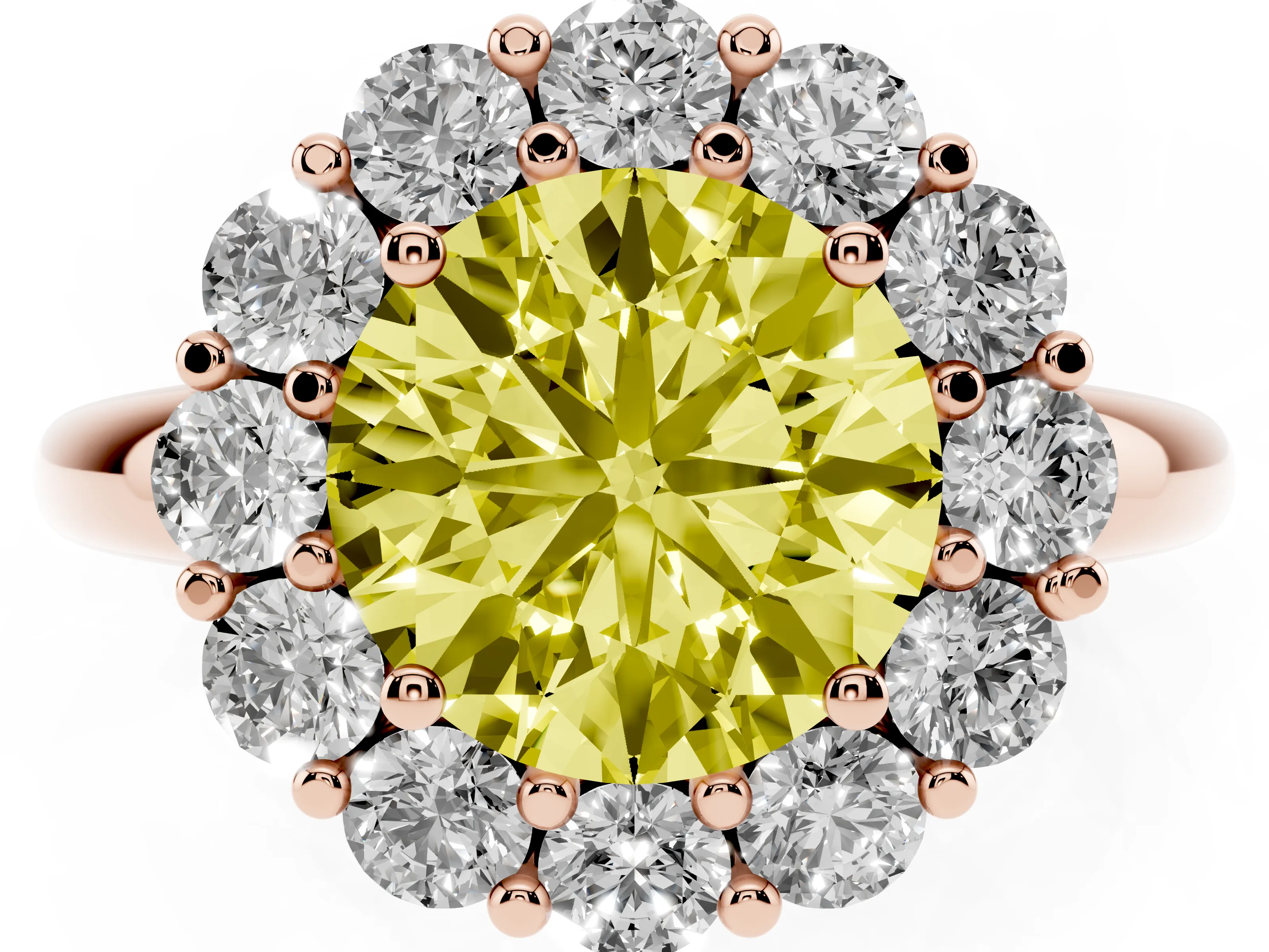 Fancy Yellow Round Cut Diamond Halo Cluster Engagement Ring Set in Rose gold with Polished Band and Prong Setting