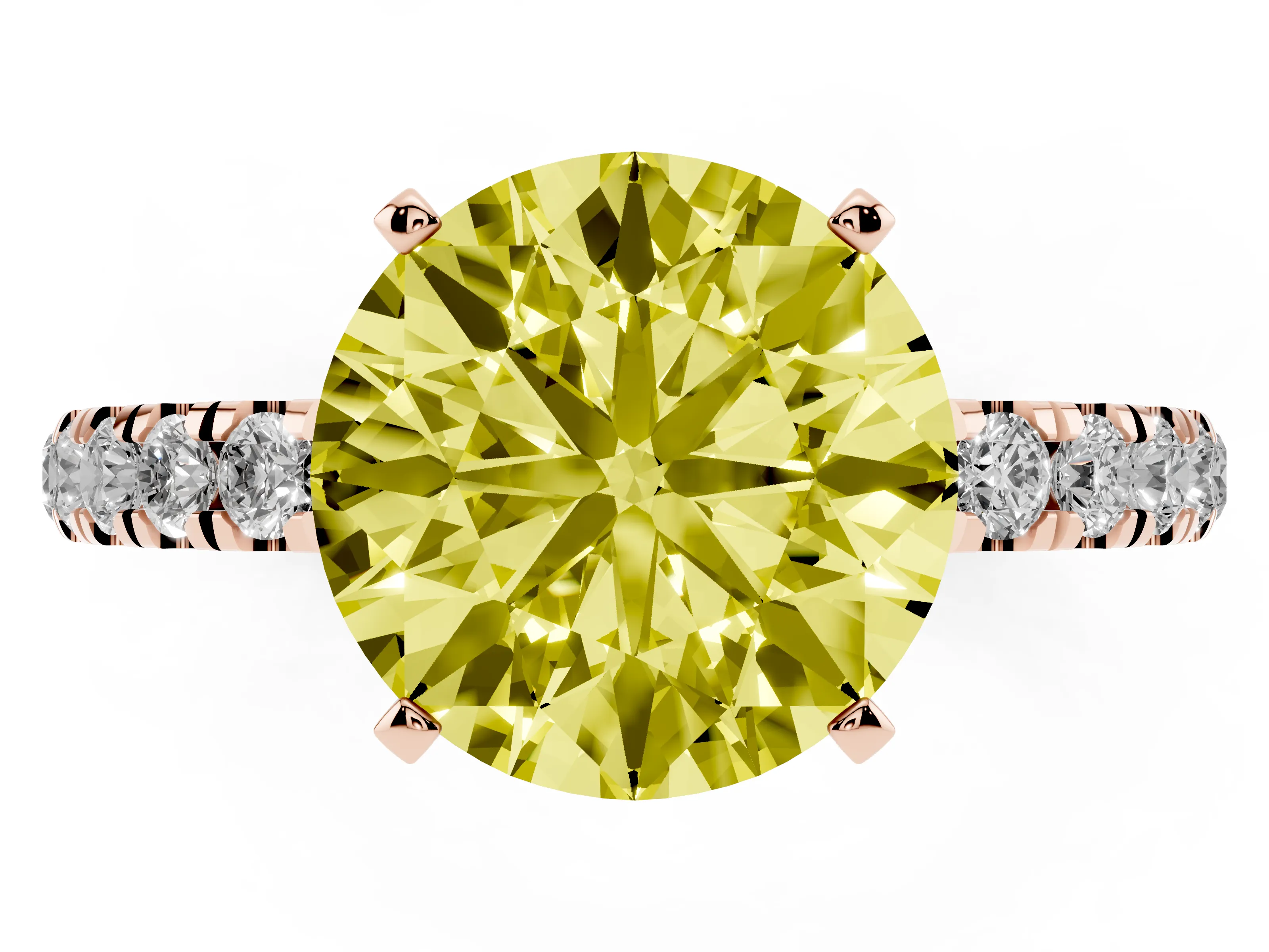 Fancy Yellow Round Cut Diamond Solitaire Ring Set in Rose gold with Pavé Accents and Prong Setting