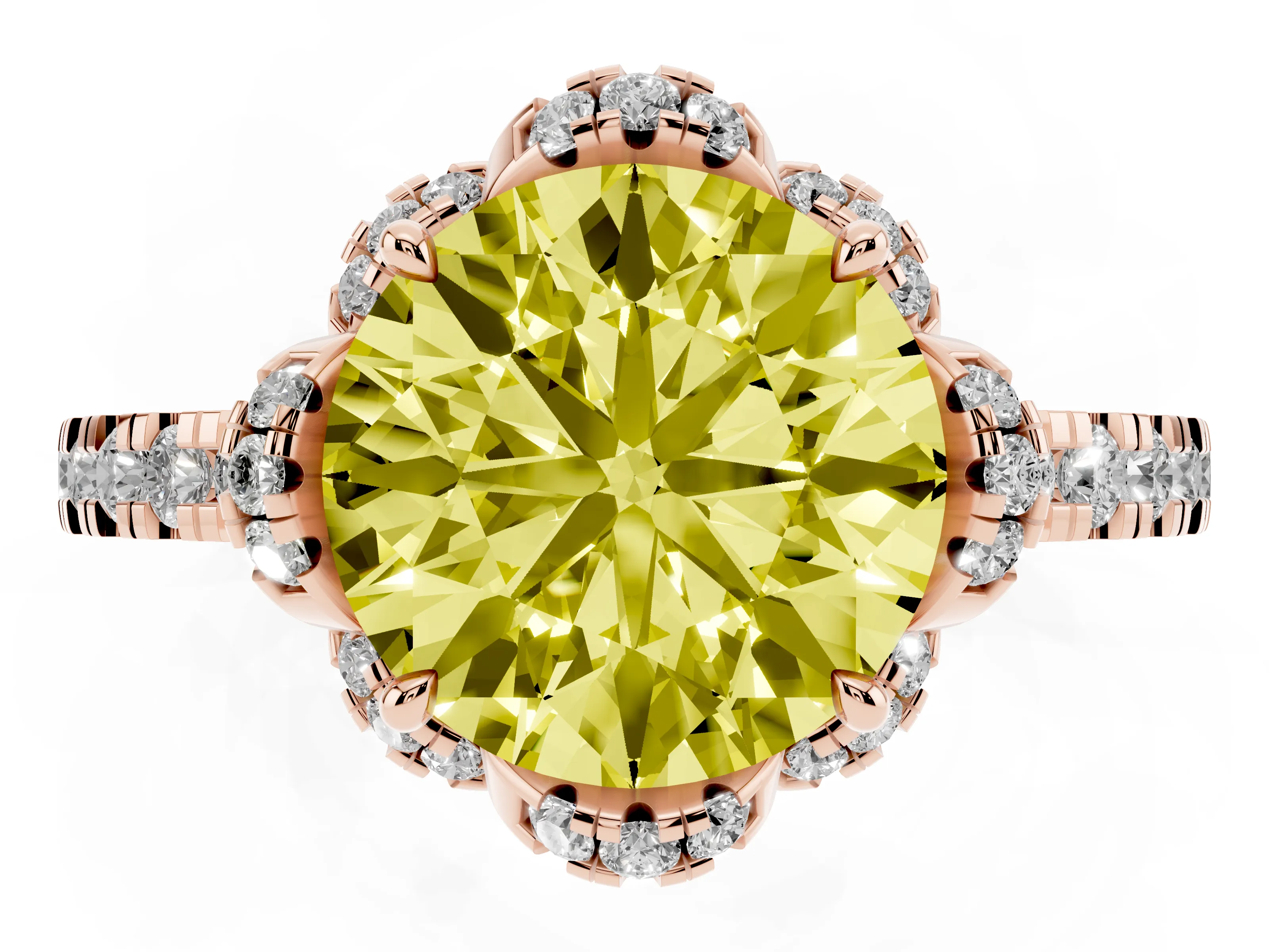 Fancy Yellow Round Cut Diamond Halo Pavé Band Ring Set in Rose gold with Prong-Held Center
