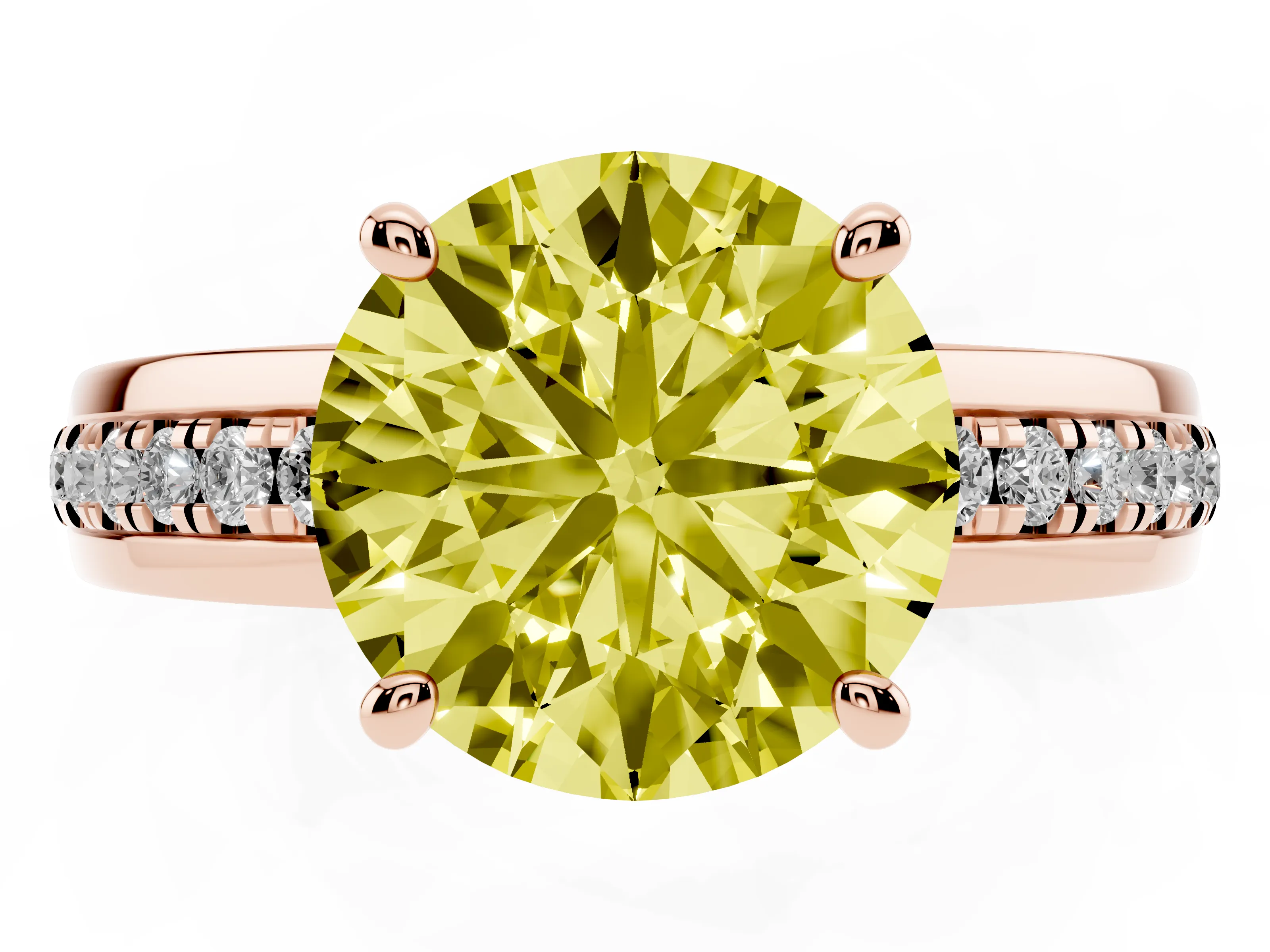 Fancy Yellow Round Cut Diamond Solitaire Ring Set in Rose gold with Channel Set Band and Prong Setting