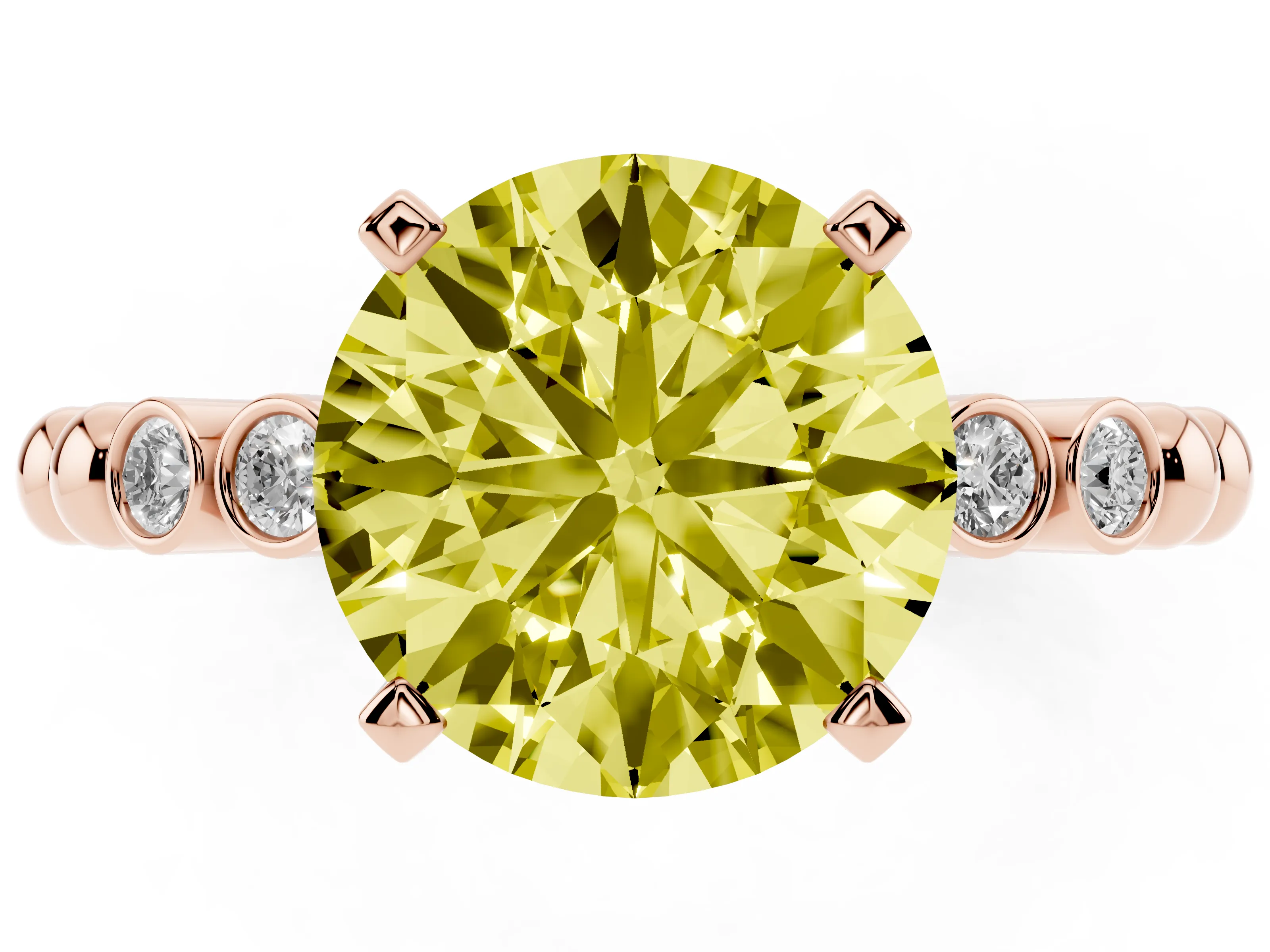 Fancy Yellow Round Cut Diamond Solitaire Engagement Ring Set in Rose gold with Bezel Accents on Beaded Band