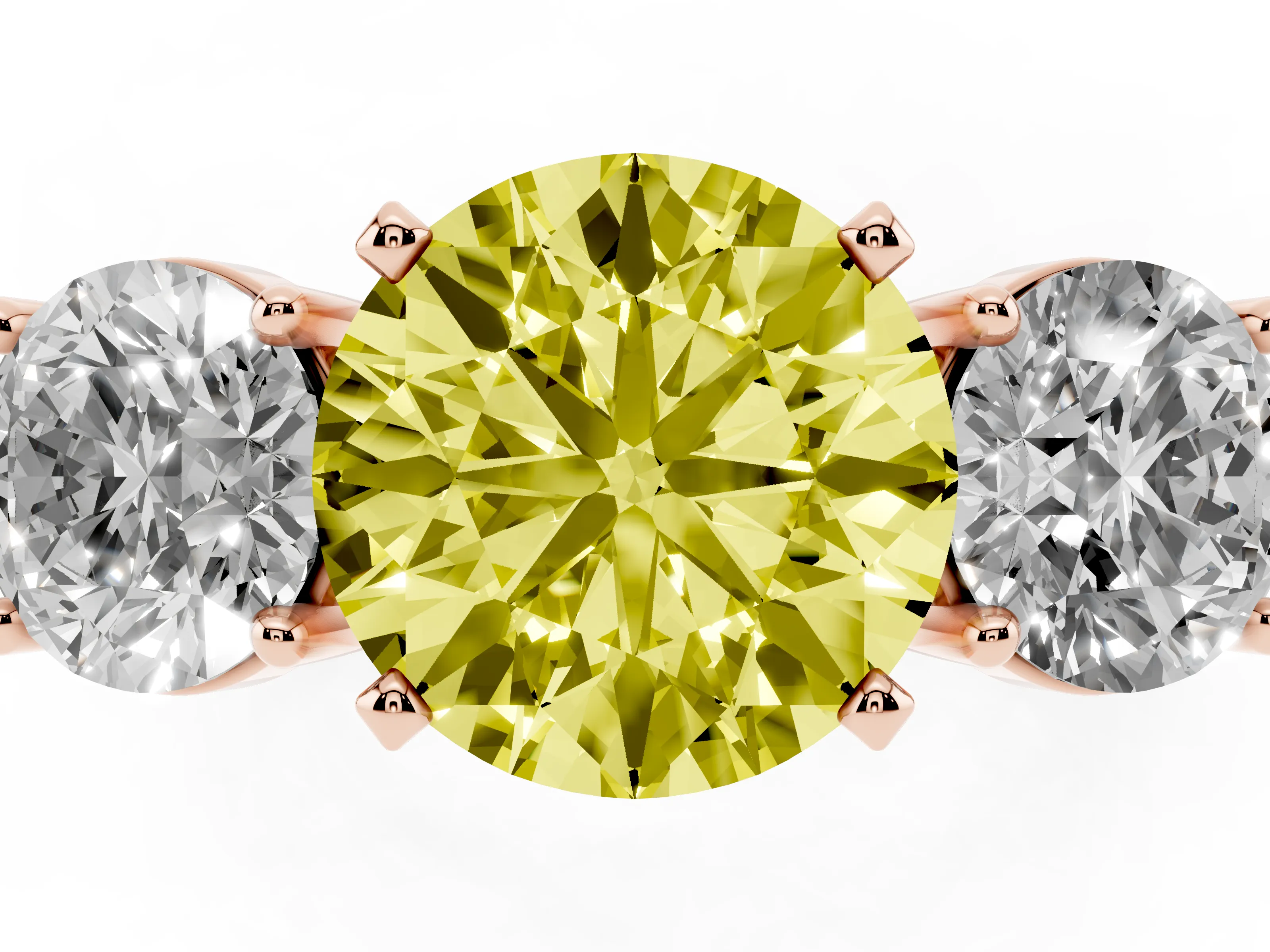 Fancy Yellow Round Cut Diamond Three-Stone Ring Set in Rose gold with Round Side Stones and Classic Band
