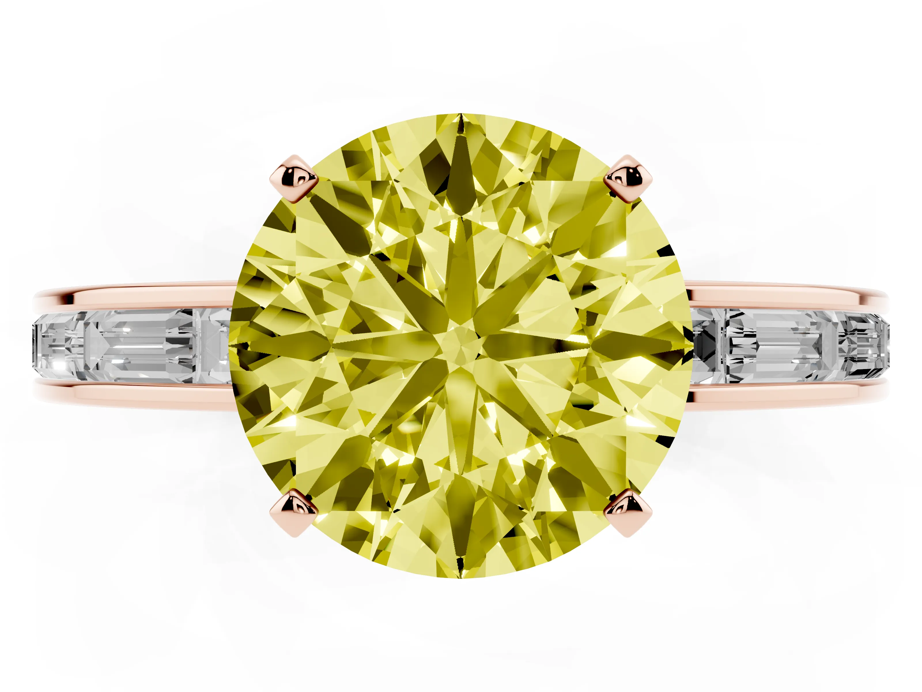 Fancy Yellow Round Cut Diamond Solitaire Ring Set in Rose gold with Channel-Set Baguette Band and Prong Setting
