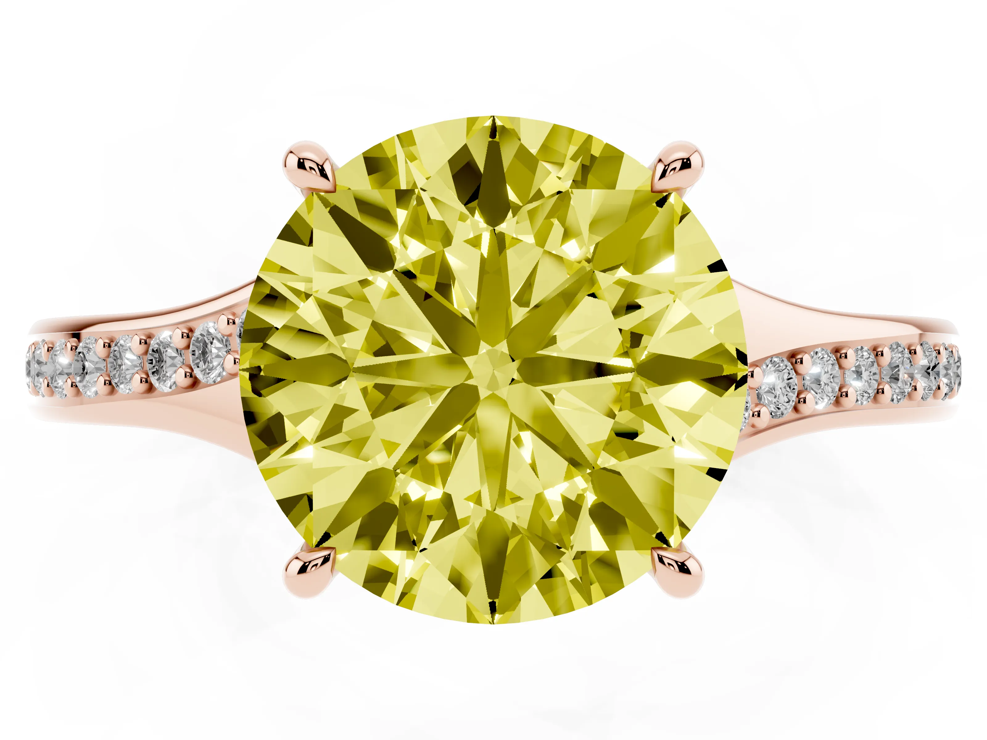 Fancy Yellow Round Cut Diamond Solitaire Ring Set in Rose gold with Pavé Accent Band and Classic Prong Setting