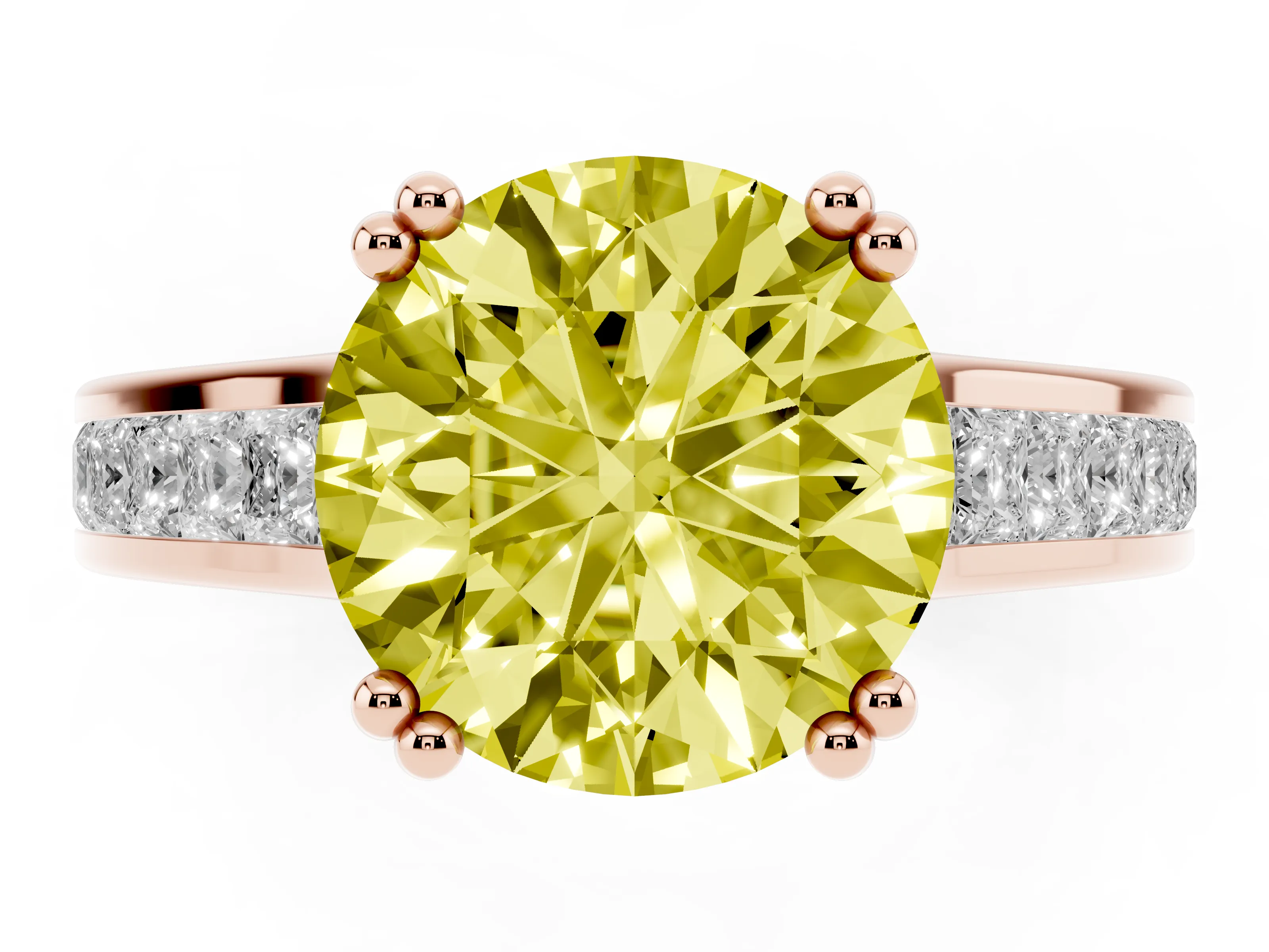 Fancy Yellow Round Cut Diamond Channel Set Solitaire Engagement Ring Set in Rose gold with Prong Setting