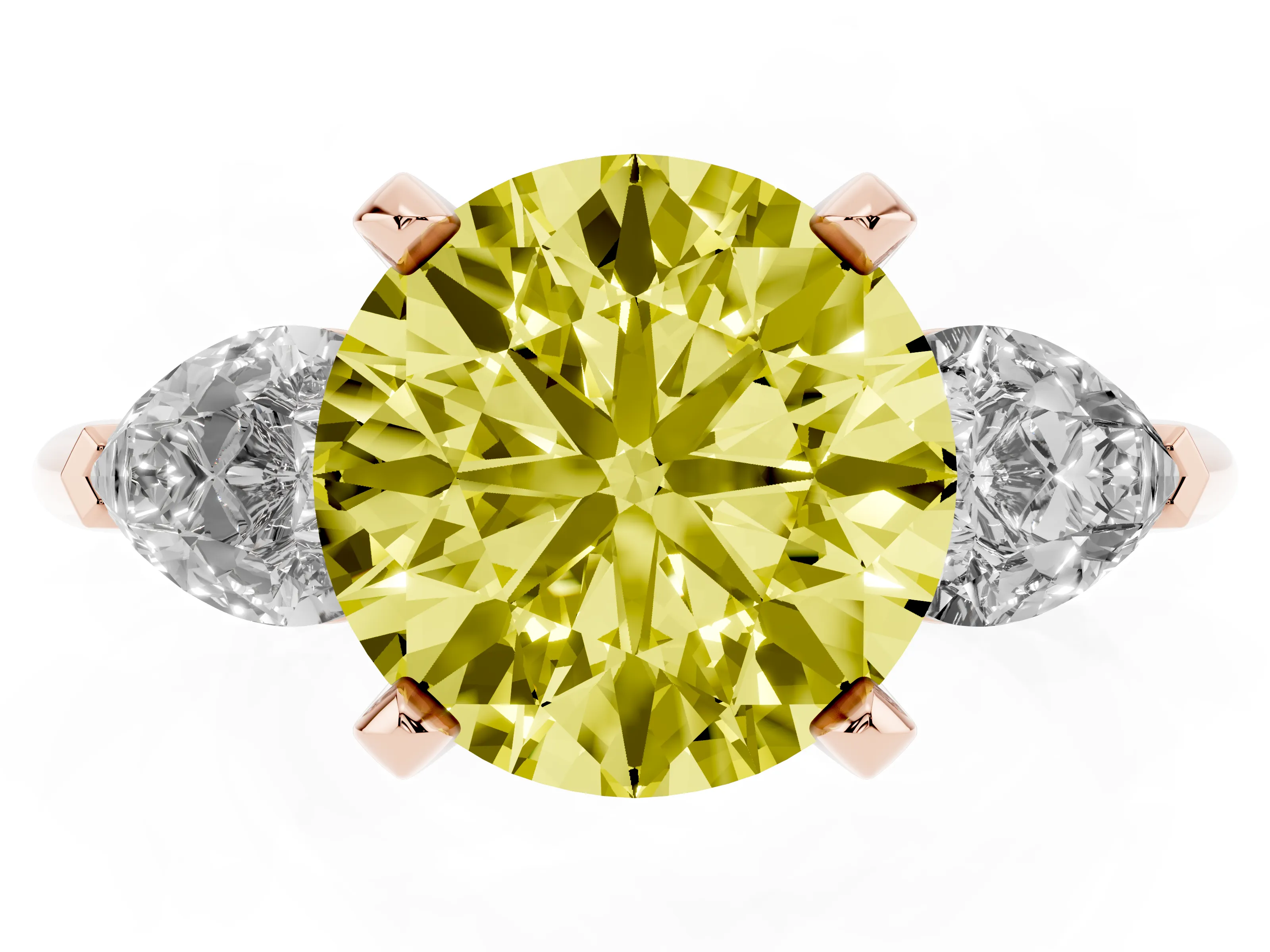Fancy Yellow Three-Stone Round Cut Diamond Ring Set in Rose gold with Pear Side Stones and Prong Setting
