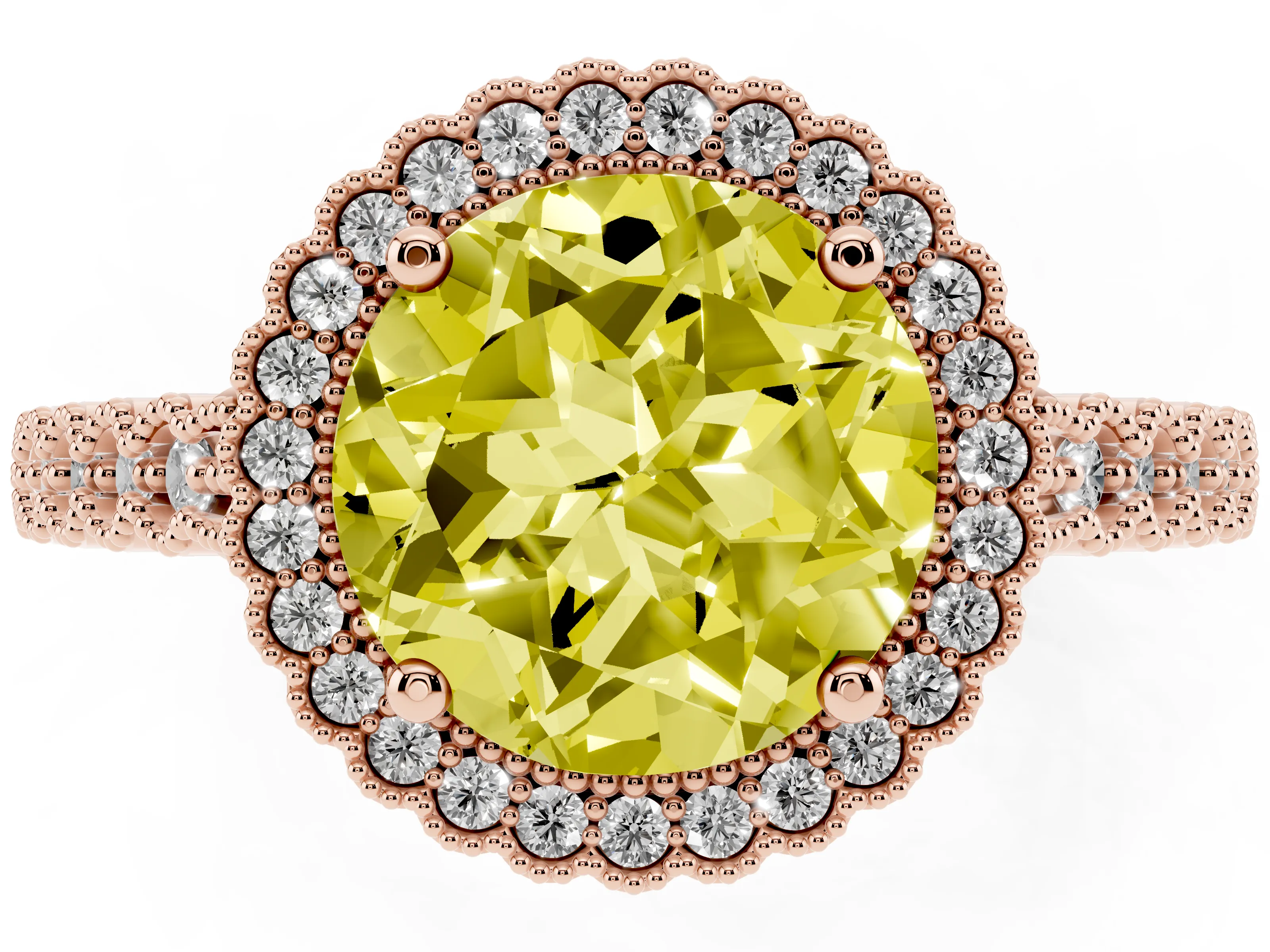 Fancy Yellow Round Cut Diamond Halo Ring Set in Rose gold with Pavé Milgrain Band