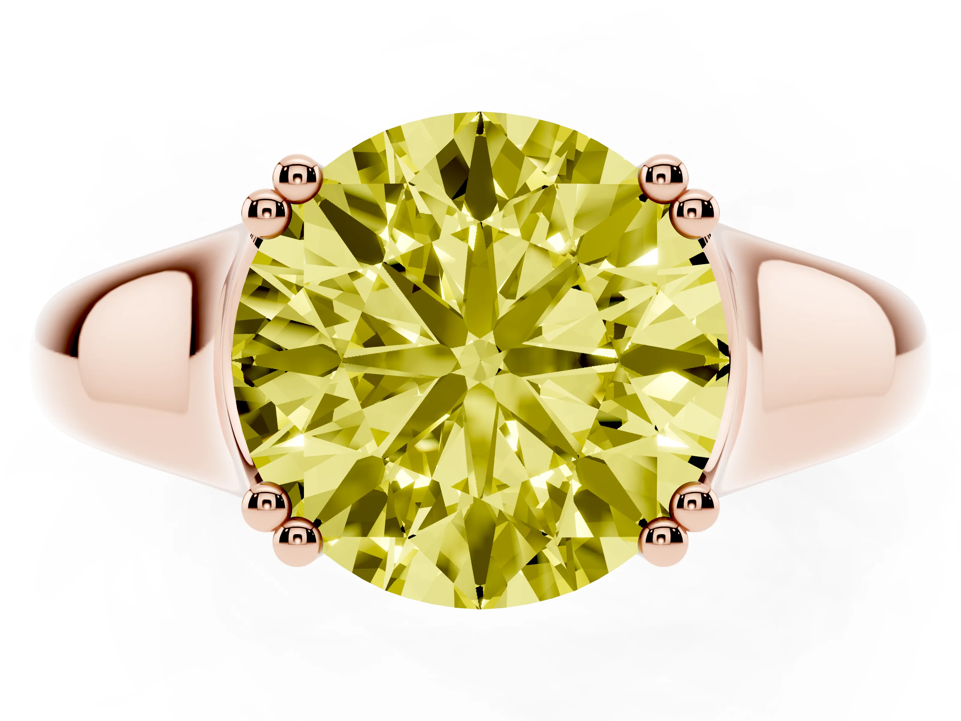 Fancy Yellow Round Cut Diamond Solitaire Ring Set in Rose gold with Wide Band and Prong Setting