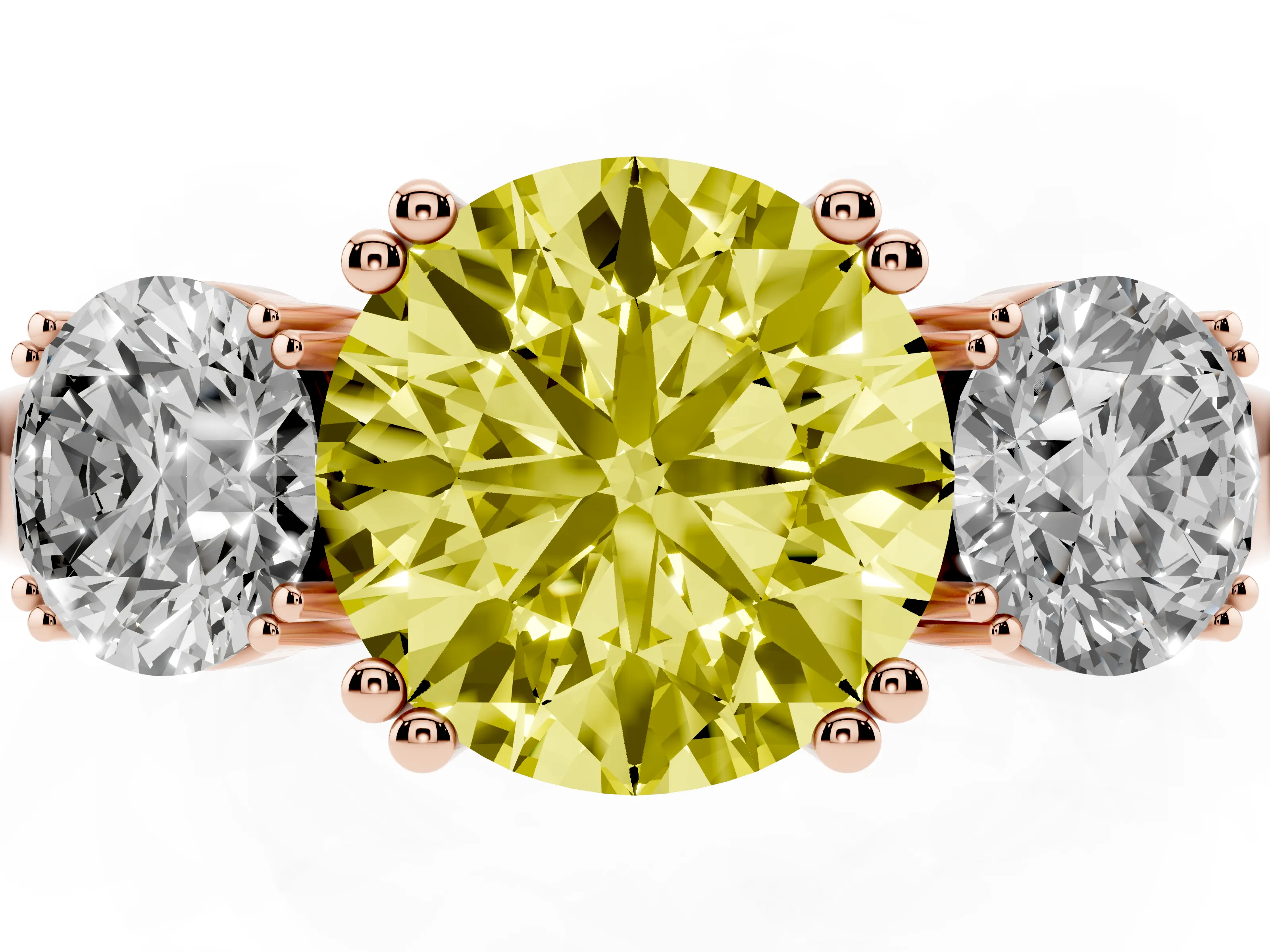 Fancy Yellow Round Cut Diamond Three-Stone Ring Set in Rose gold with Polished Channel-Set Band